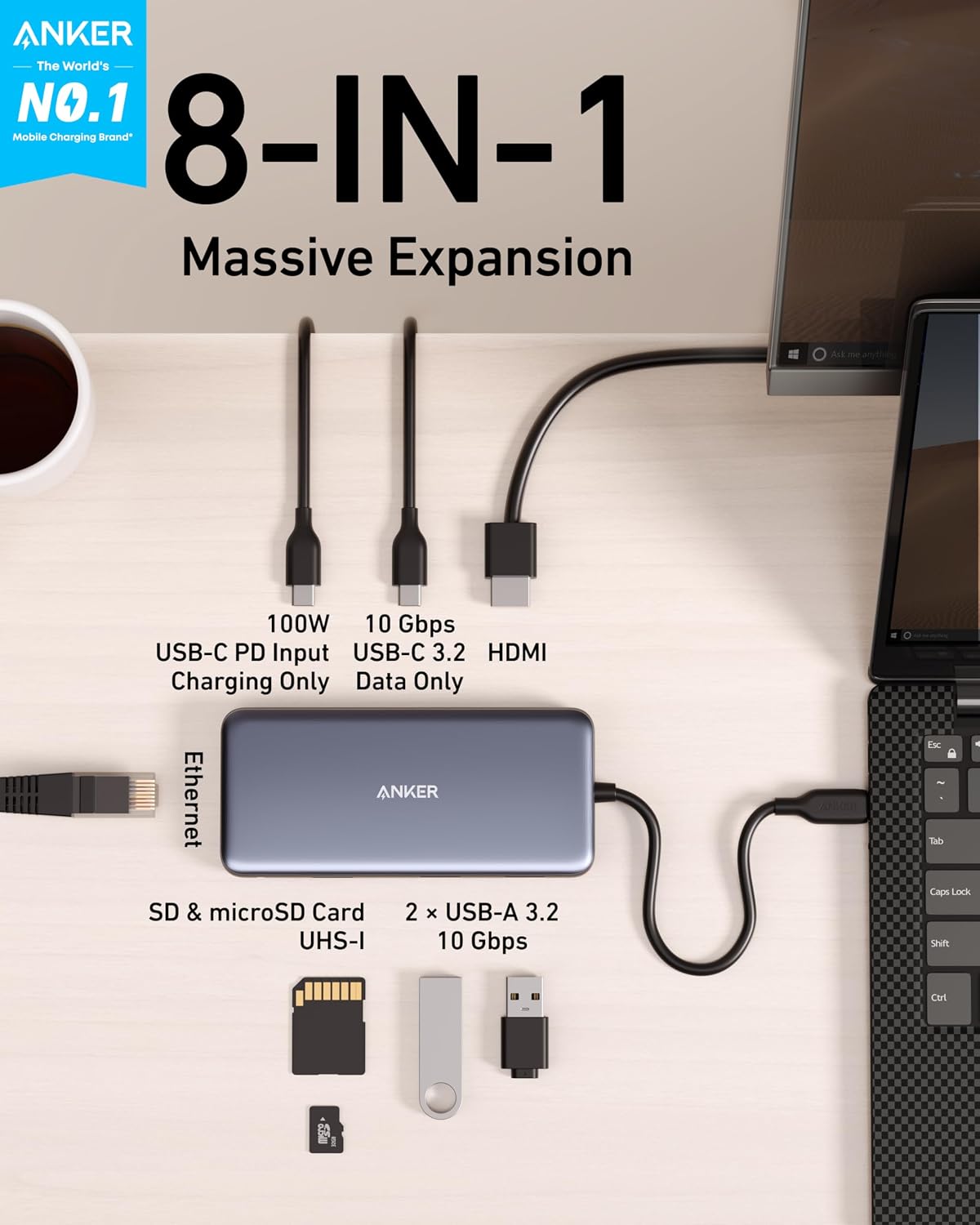 Anker USB-C Hub, 8-in-1 Multiport Ethernet Adapter with 4K@60Hz HDMI Port | 85W Max PD, 10Gbps USB-C & 2 USB-A Data Ports, microSD/SD Card Reader, for USB C Laptops, MacBook Pro, XPS, iPad and More