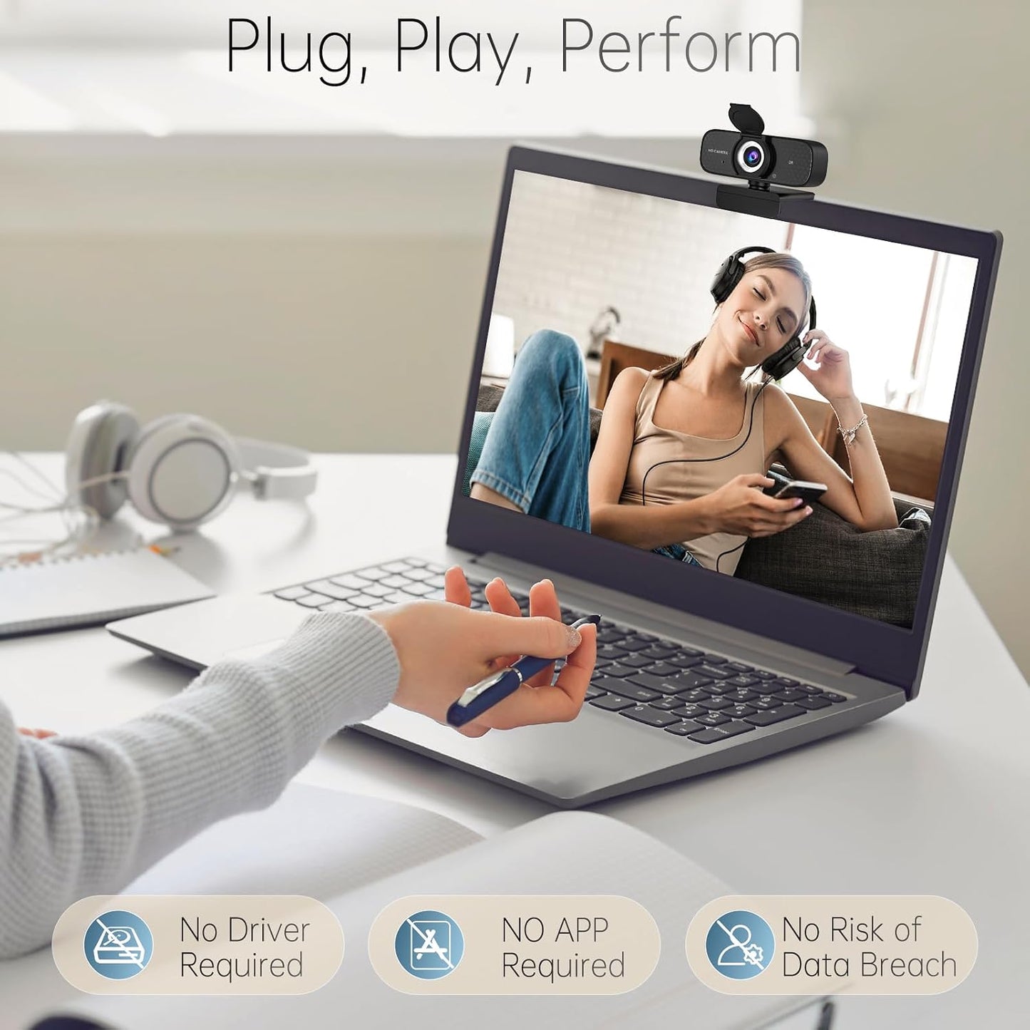 2K HD Webcam with Wide Angle Lens, Privacy Cover, Auto Light Correction and Noise-Canceling Mic, Plug & Play USB Camera for Desktop/Laptop/Mac/PC, Compatible with Teams/Zoom/Skype/Streaming Black