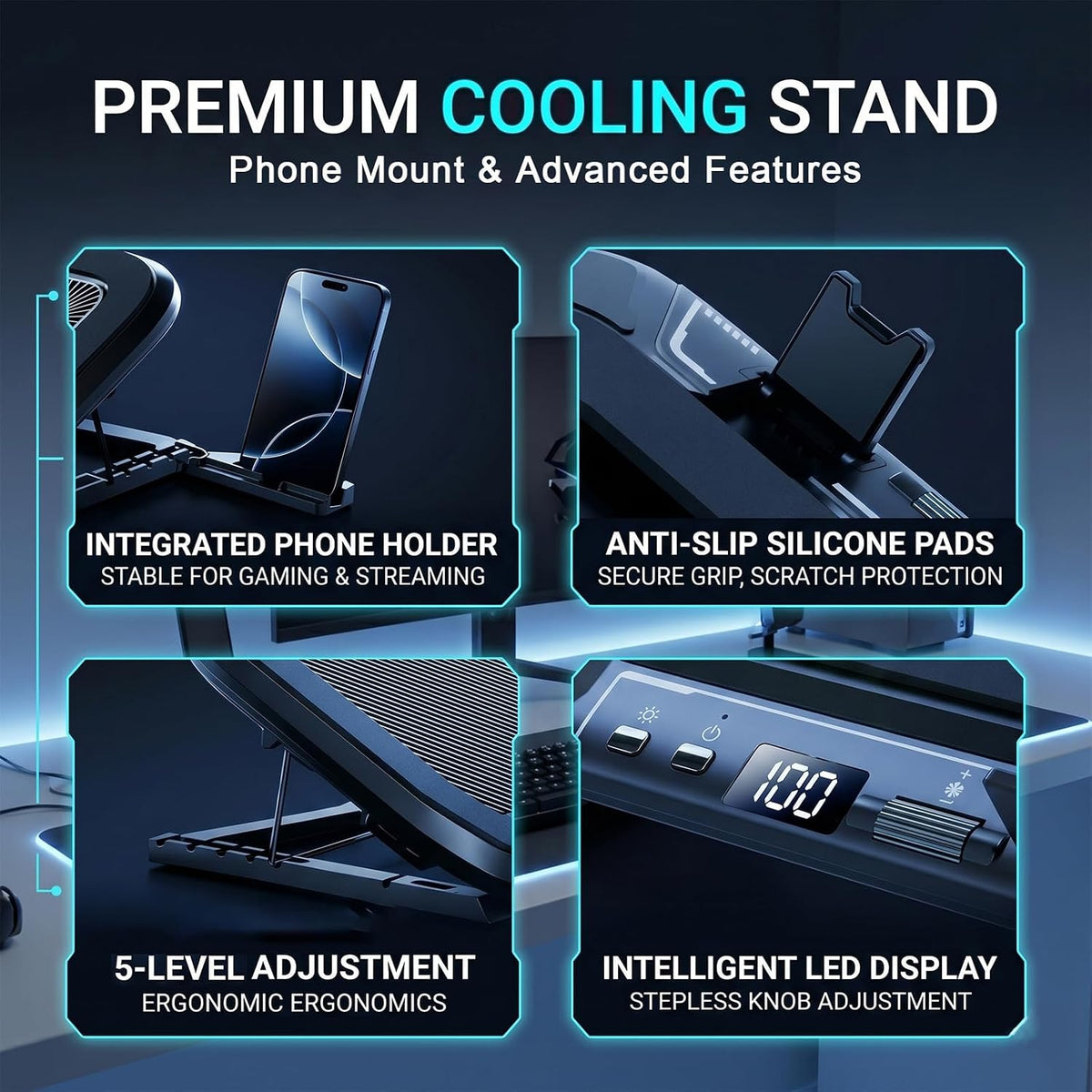 Dual-Core Gaming Laptop Cooling Pad, 9500 RPM Turbofans Smart LED Display Fast Cooling Laptop Cooler for 12-21in Laptops 5 Height Stands 100 Gear Speed RGB Light Phone Holder (Black)
