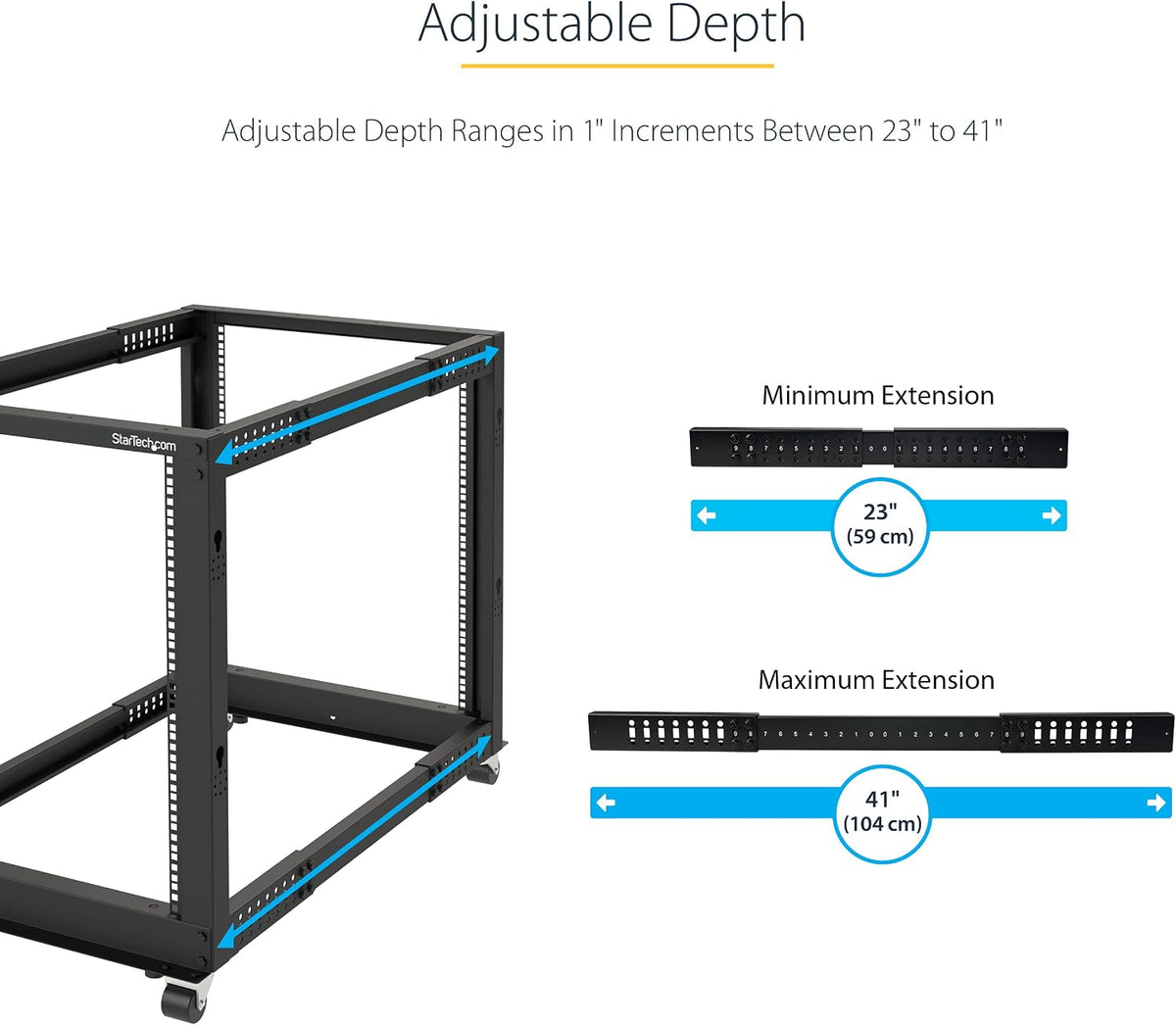 StarTech 18U 4-Post Server Rack, 19in Open Frame Rack with 40in (101cm) Mounting Depth and 1200lb (544kg) Weight Capacity, Mobile or Floor Mount IT Rack