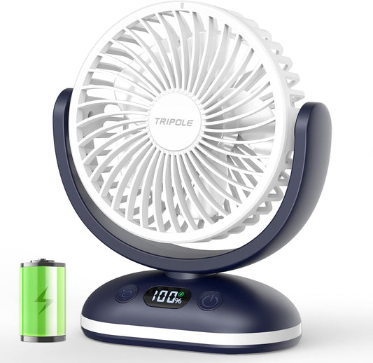TriPole Small Rechargeable Portable Desk Fan with Smart Display & LED Light | 31H Runtime, Quiet Operation, 4 Speeds, Mini Battery Operated Fan for Bedroom Office Outdoor Travel Camping Cruise, White