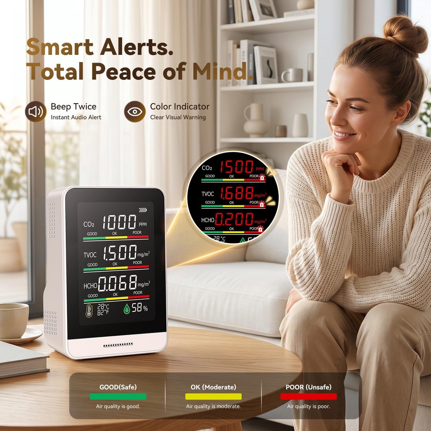 8-in-1 Indoor Air Quality Monitor – CO2 TVOC HCHO AQI Temperature Humidity Time & Air Status Display with Pocket Size Smart Monitor for Home, Car, Office, Hotel