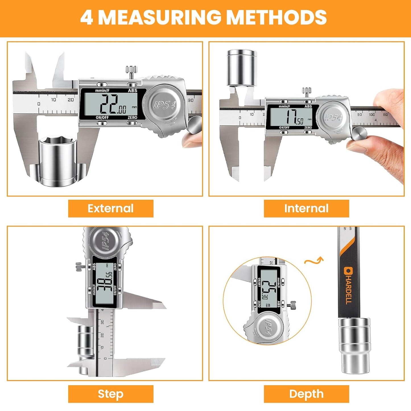 HARDELL Digital Caliper, IP54 Calipers with ABS Function, All-Metal Digital Micrometer Auto-Off, 6 Inch Micrometer Caliper Digital, Inch/MM/Fraction for 3D Printing & DIY (2 Spare Batteries)