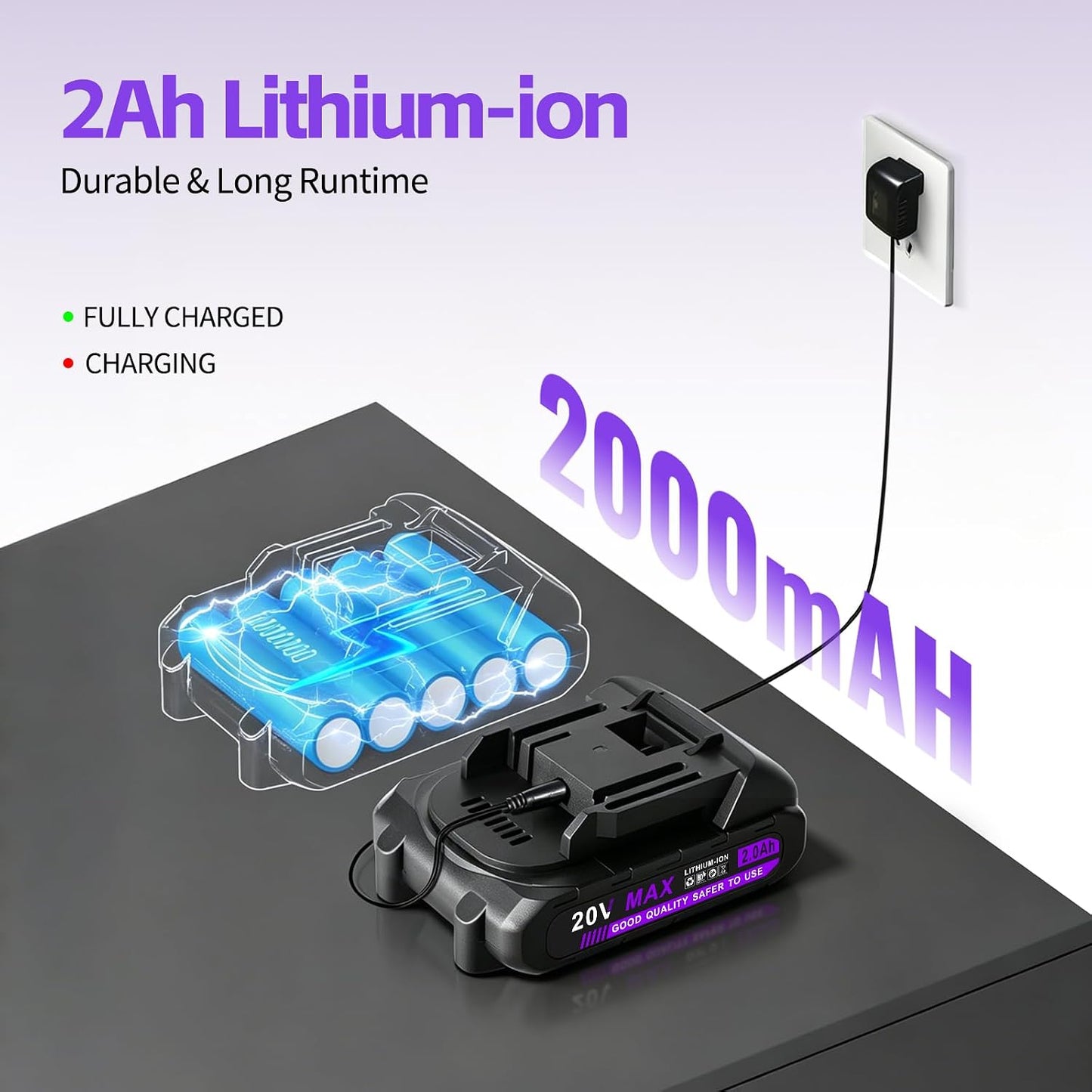 20V Cordless Drill with Battery and Charger, 3/8'' chuck, Purple | 25+1 torque settings, 25Nm max, 2-speed 1600RPM electric screwdriver, 3/8 inch keyless chuck, LED light, 2000mAh Li-ion power