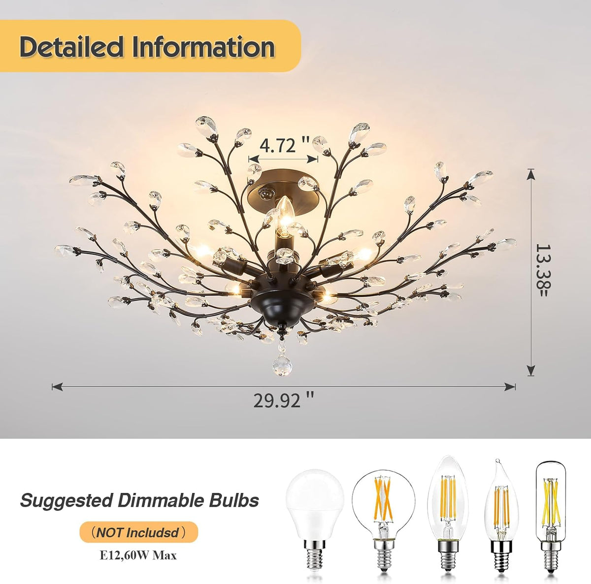 CVKASH Motion Sensor Crystal Chandelier Modern Black Semi Flush Mount Ceiling Light Fixture Vintage Small Chandelier Lighting for Kitchen Bedroom Living Room Dining Room Hallway Foyer