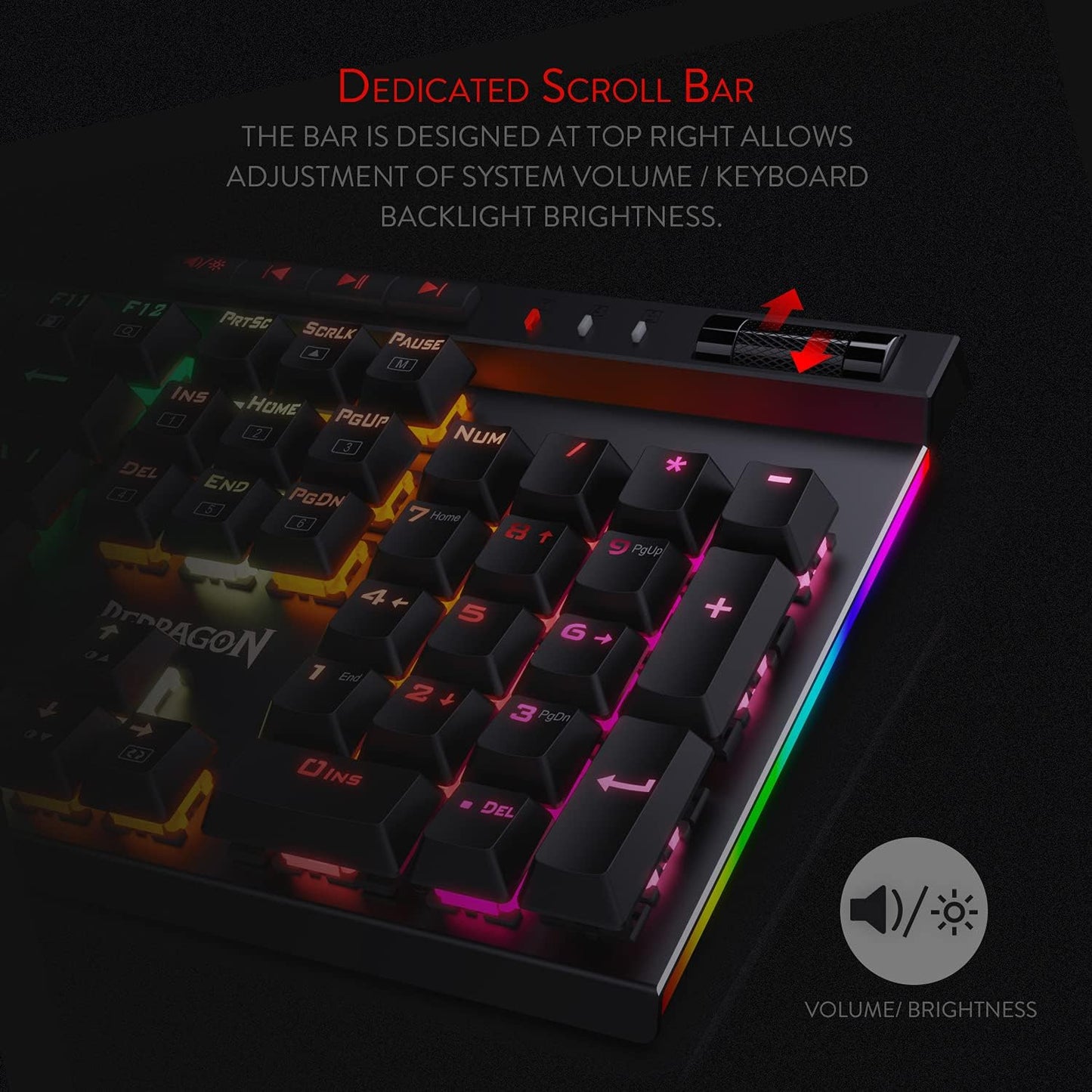 Redragon K580 Wired RGB Mechanical Gaming Keyboard, Macro Key & Media Wheel | 5 On-Board Keybinding Buttons for MMO MOBA Games, Dedicated Media Controls, Classic Tactile Blue Switch for Hype Typing Feel