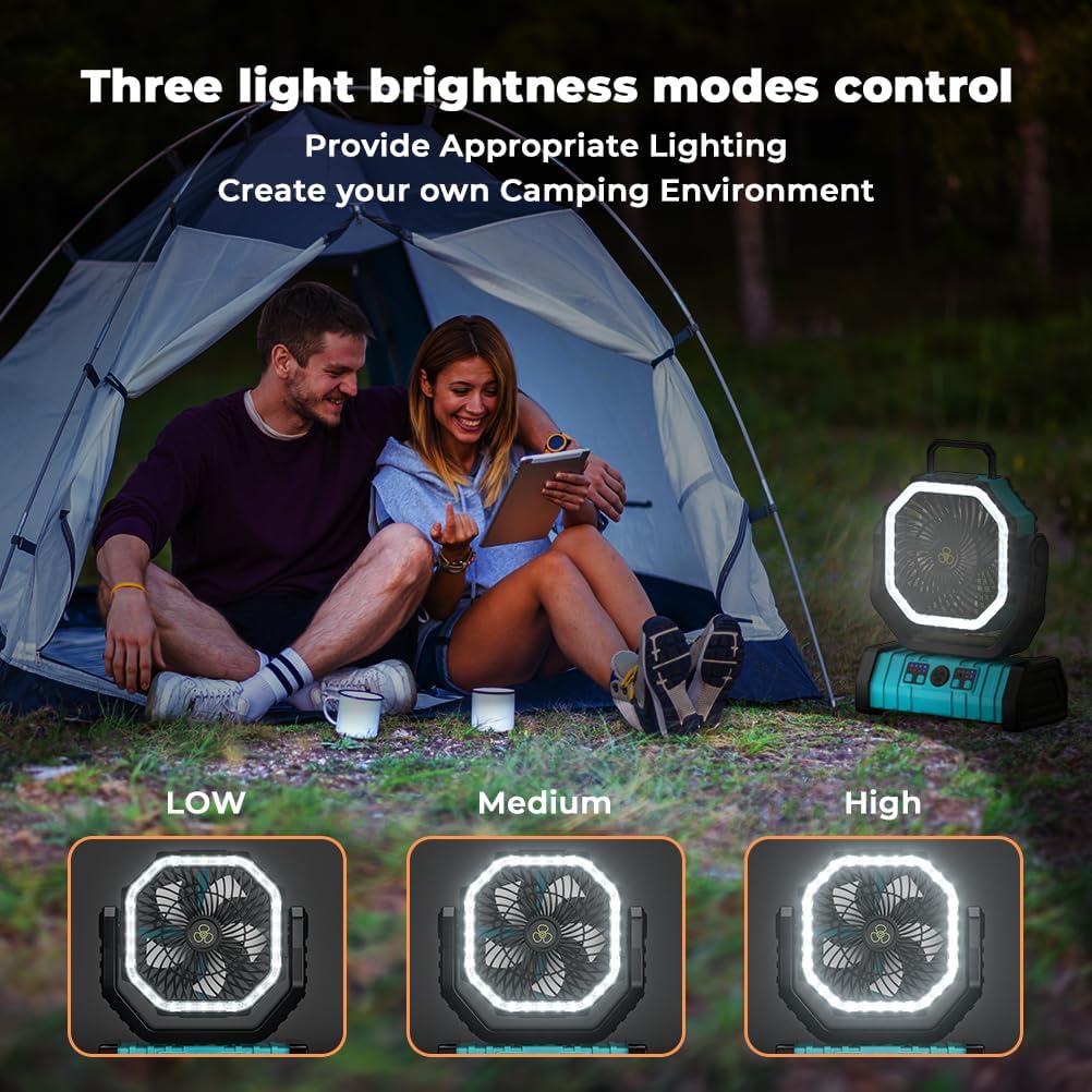Camping Fan - 20000mAh Battery Powered Fan Rechargeable with LED Lantern - Portable Outdoor Tent Fans with Hanging Hook 4 Speeds Wind Remote Control, Blue