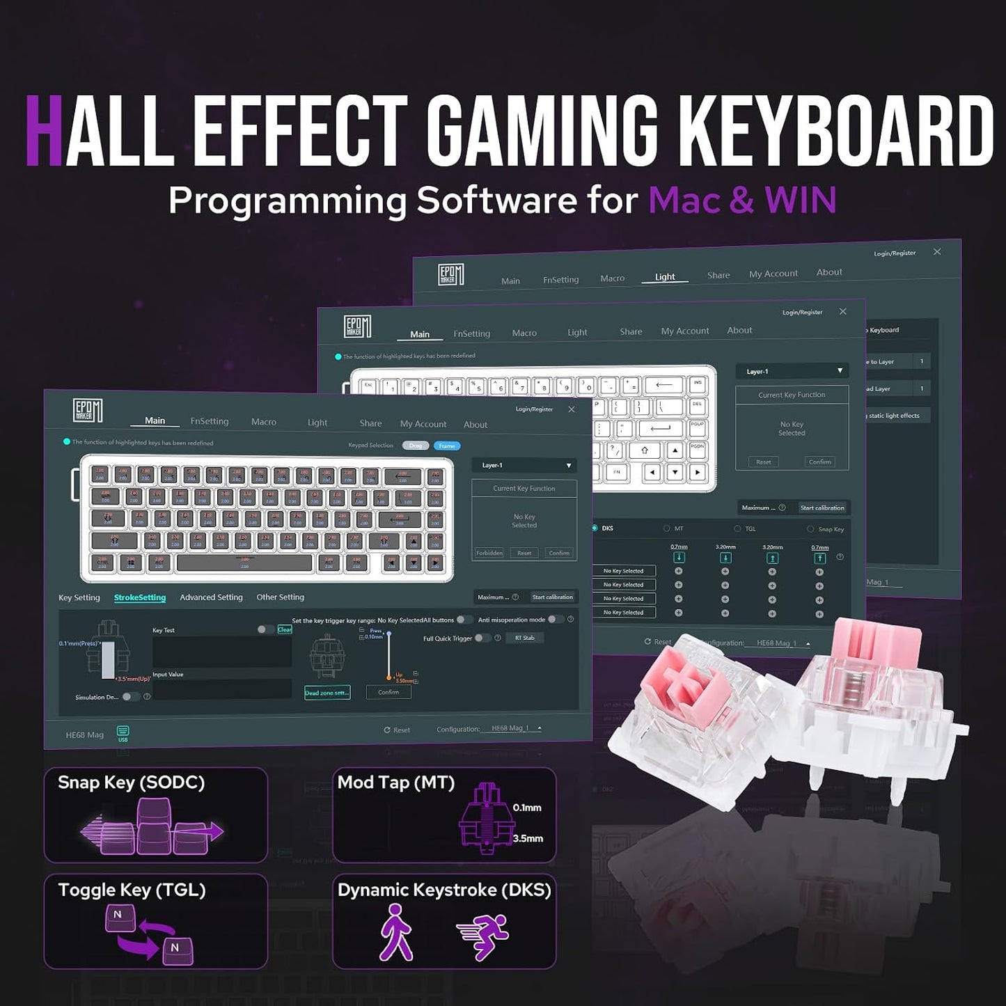 EPOMAKER HE68 Hall Effect Keyboard, 8000hz Polling, 0.01mm Adjustable Trigger, 0.125ms Latency, Creamy Gasket, Snap Key, SOCD, RGB, Wired Magnetic Gaming Keyboard for Mac/PC (White)