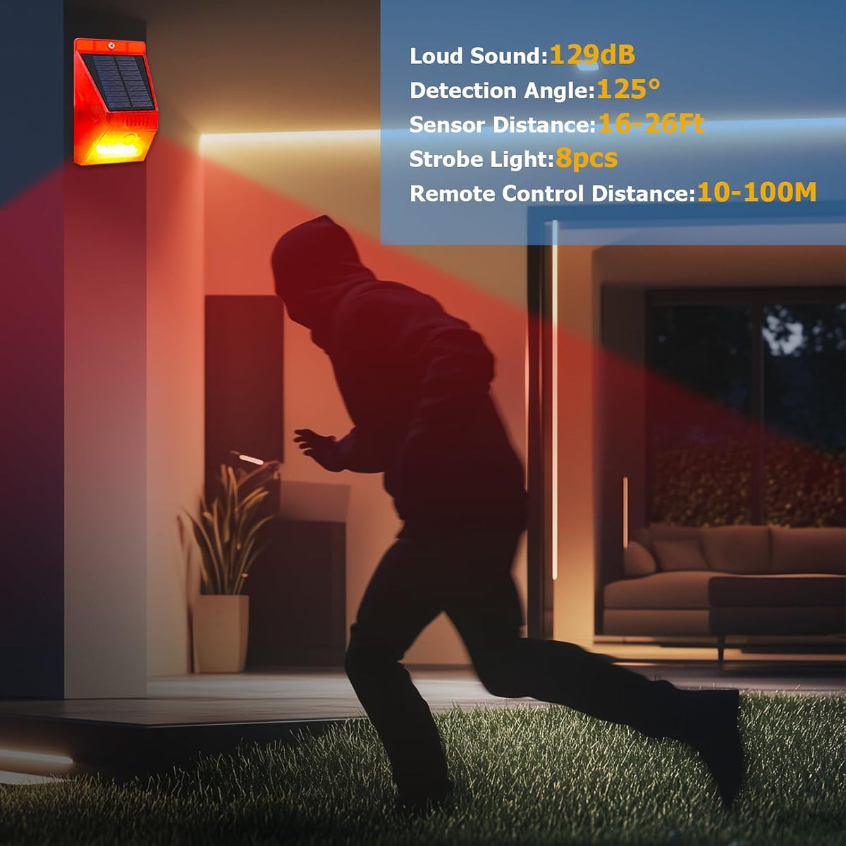 ChunHee Solar Motion Sensor Alarm Outdoor Motion Detector 129db Loud Sound Security Siren IP65 Waterproof Protected for Garden,Farm,Yard,Chicken coop,4 Pack