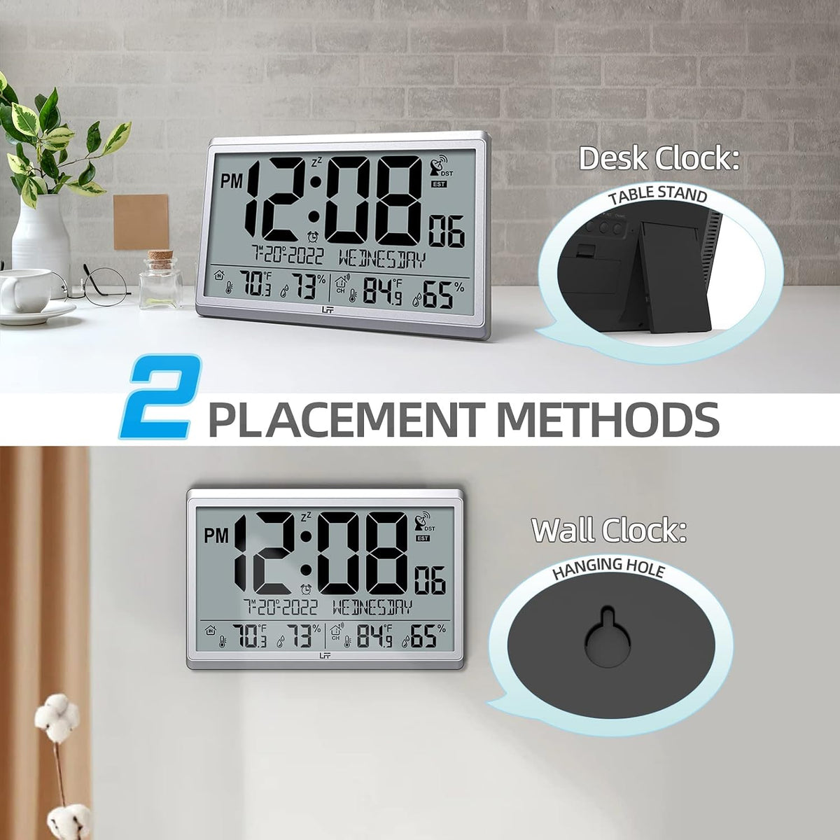 LFF Atomic Clock/Never Needs Setting, Digital Wall Clock with Indoor Outdoor Temperature & Humidity, Battery Operated, Wireless Outdoor Sensor, Atomic Wall Clock with 4.5" Numbers Easy-to-Read