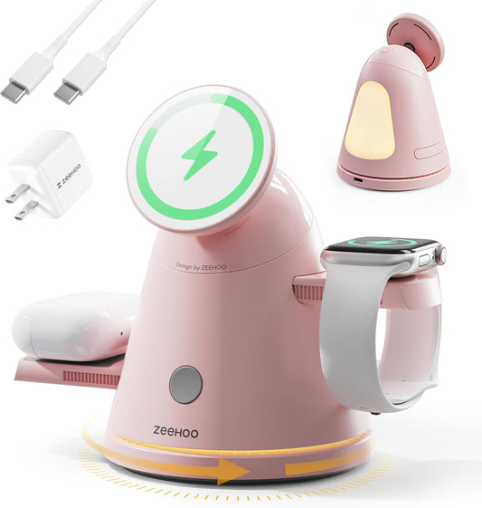 ZEEHOO 3 in 1 Charging Station for Apple Devices, Mag-Safe Charger Stand&Light,Fast Wireless Charging Station for iPhone 17/16/15/14/13/12&AirPods&iWatch &Pixel 10&Samsung Galaxy Watch,30W Adapter