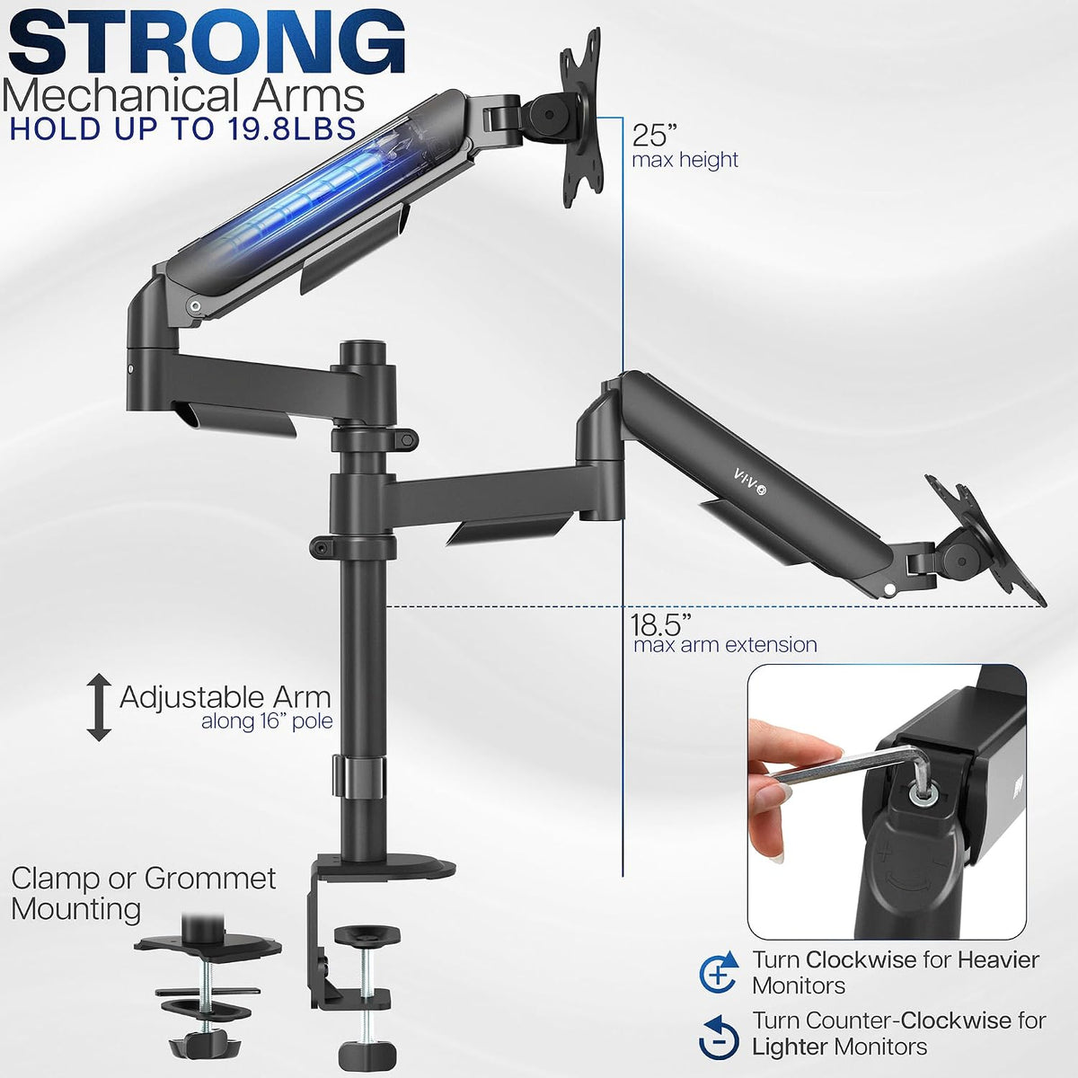 VIVO 17 to 32 inch Dual Mechanical Monitor Mount, 2 Tension Spring Arms, Adjustable Swivel, Rotation, Heavy Duty VESA Desk Stand with C-clamp, Grommet, Max VESA 100x100, Black, STAND-V002K