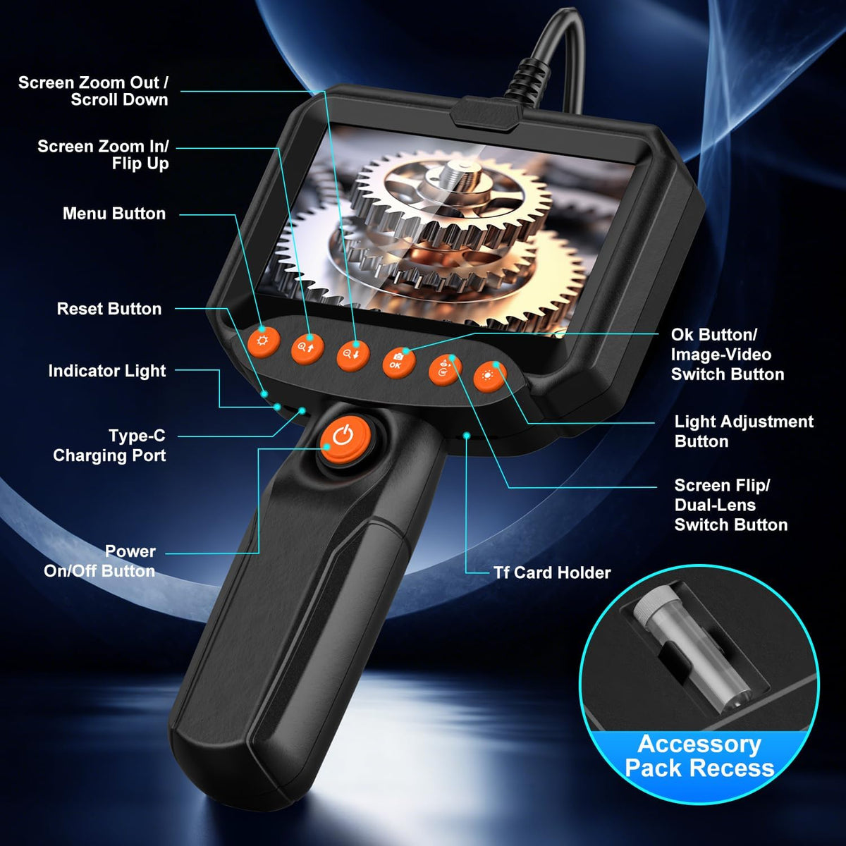 Dual Lens Endoscope Camera with Light, 1920P HD Industrial Borescope with 4.3" LCD, IP67 Waterproof Inspection Camera, 16.4FT Semi-Rigid Cable, 8 LED Lights 32GB Card, for Sewer Pipe Car Repair(Black)