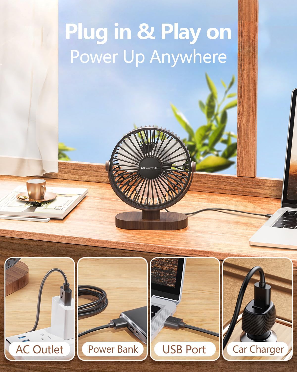 SWEETFULL Small USB Desk Fan, Desktop Table Fan, Quiet Office Mini - Black | 6.5" Personal Fan; 3 Speeds; 360° Adjustable; 25dB; 10oz; USB Powered; Stable Base; Easy Cleaning-Home & Cooling; Retro Decor