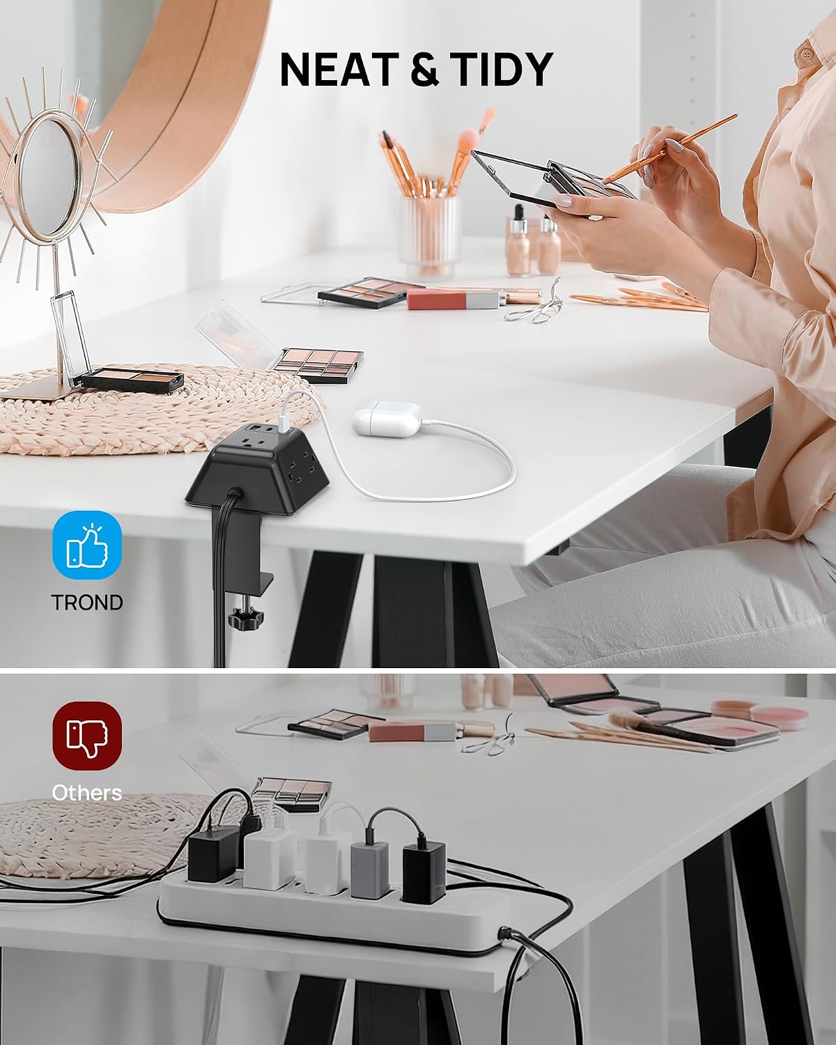 TROND Desk Clamp Power Strip with 5 AC Outlets and 3 USB Ports, Black | Desk Mount Charging Station, Fit 1.97in Tabletop Edge Thick, 1440J, 6FT Extension Cord, for Home Office Gaming Accessories