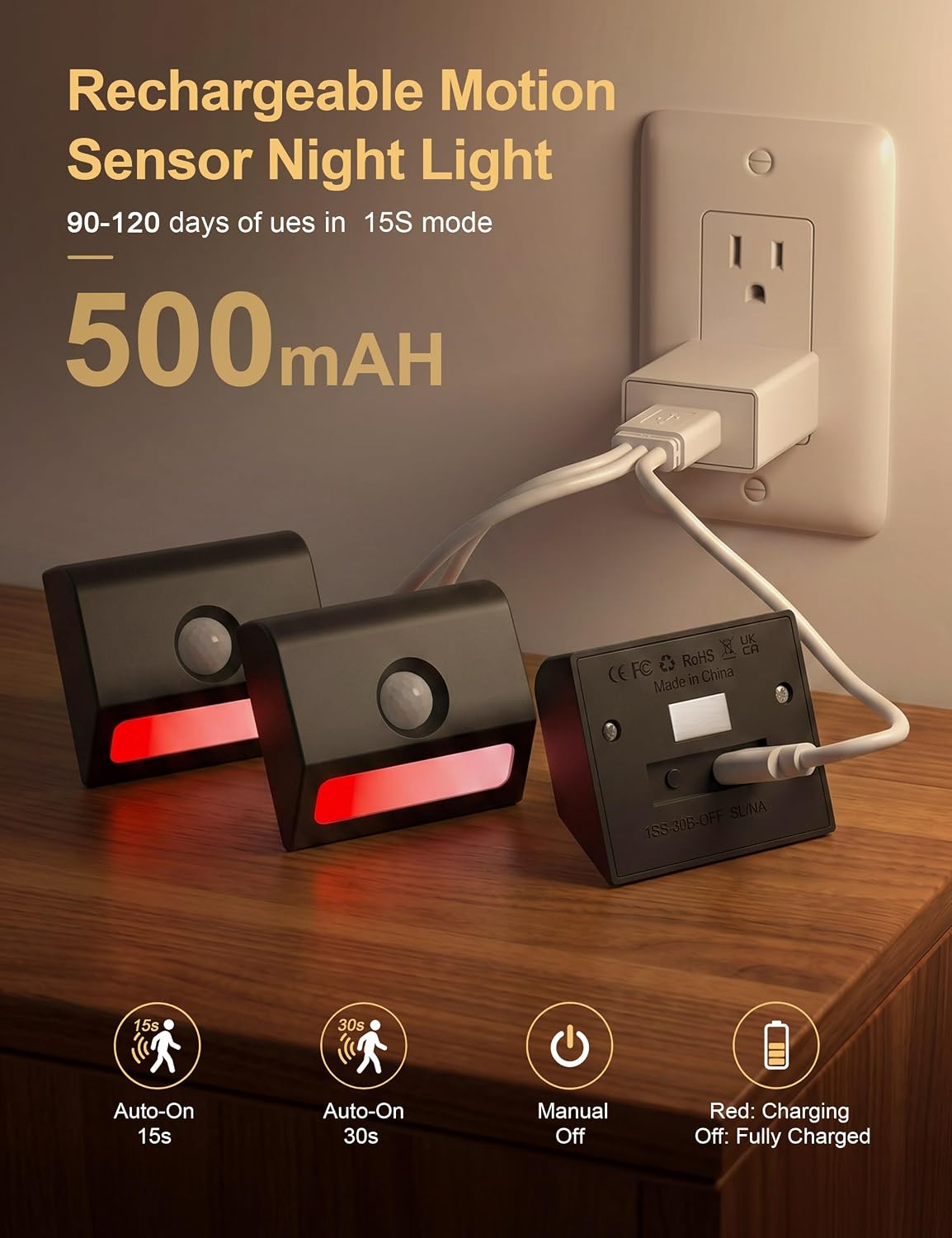 Sujeet Motion Sensor Stair Lights Indoor, 6 Pack Rechargeable Stairway Lights with Glare-Free Downward Glow, 2-Month Battery Life, 3 Color Temperatures, Adjustable 15s/30s Timer, Magnetic Step Lights