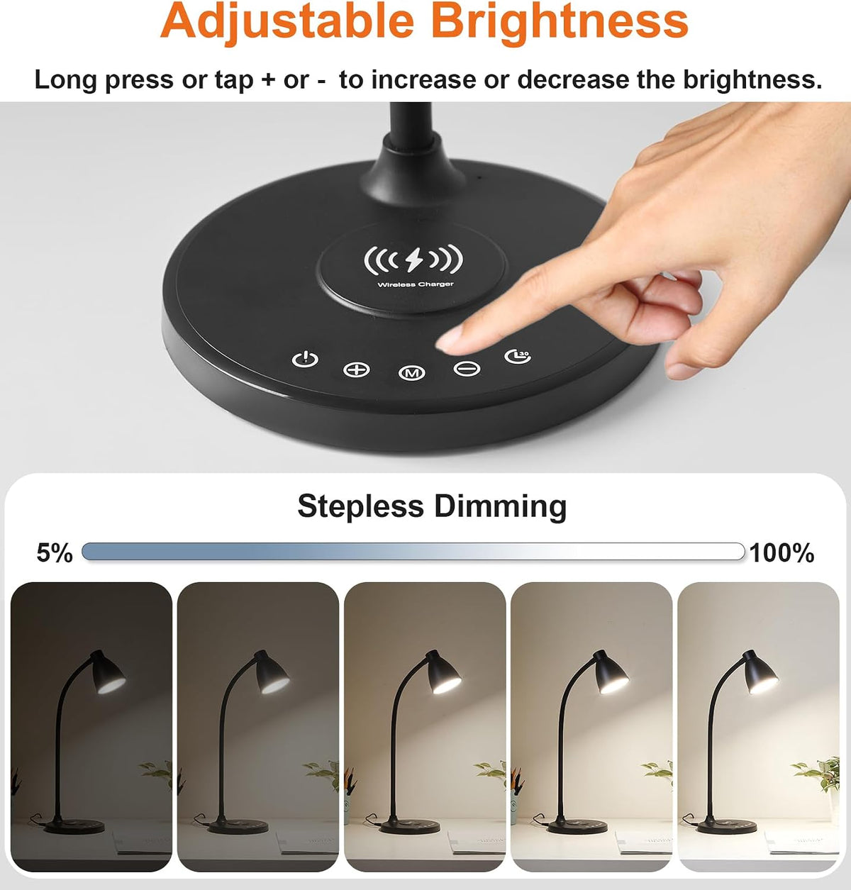 BOHON Desk Lamp for Home Office with USB C+A Charging Ports Timer Black | LED Desk Light with Wireless Charger 5 Colors Stepless Dimming Reading Light Touch Bedside Table Lamp for College Dorm Room