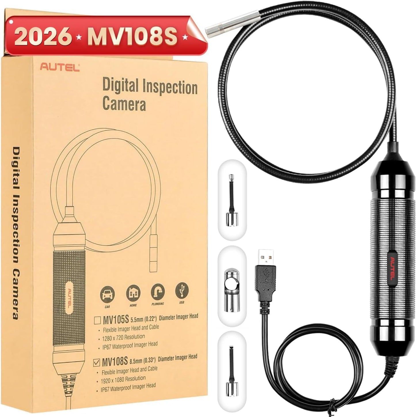 2026 Autel MaxiVideo MV108S Digital Inspection Camera, 2MP 1920x1080 | IP67 Waterproof USB Endoscope, 8.5mm Borescope Snake Camera, 39.37'', LED Light, Work w/Autel Scanner & P.C, Up MV108 MV105S