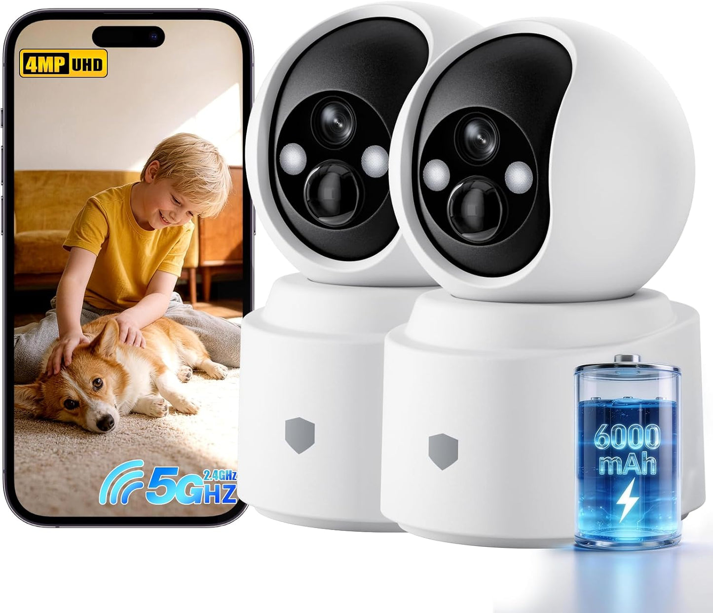 Noonkey Battery Powered Wireless Indoor Security Camera, 4MP HD Pan/Tilt Pet Camera w/ 6000mAh Rechargeable, 5G&2.4G WiFi 6,Motion Detection, Color Night Vision, 2-Way Talk, Home/Pet/Baby Monitoring