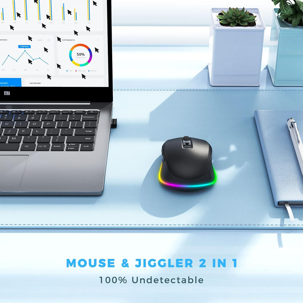 PEIOUS Wireless Mouse Jiggler, LED Mouse with Built-in Mouse Mover, Black | Rechargeable, Silent Clicks, Adjustable DPI and Random Movement Keep Computers Awake for Work-Life Balance on Laptop/PC/Mac