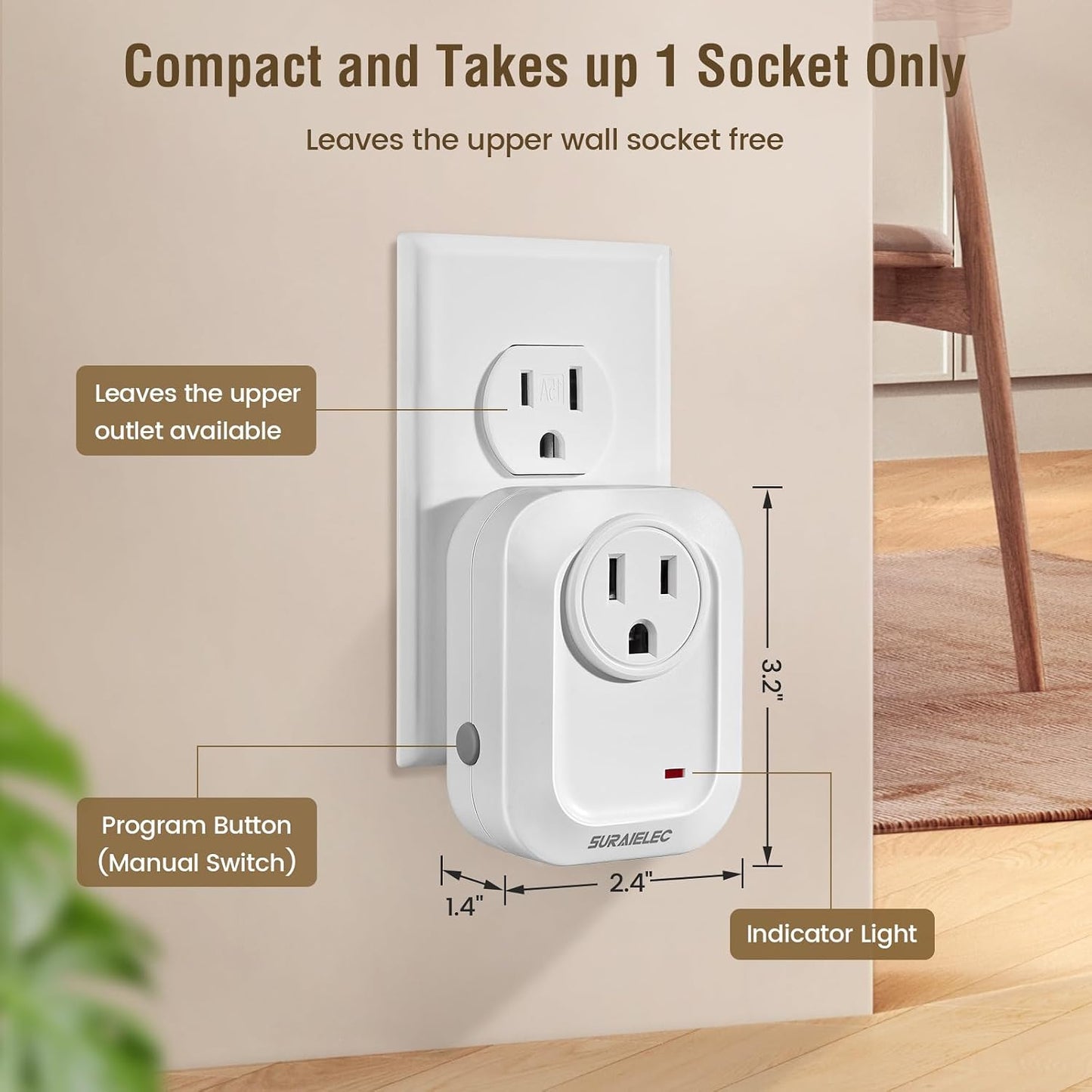 SURAIELEC Wireless Wall Switch Remote Control Outlet, 100 ft RF Range | Plug & Play, No Wiring Needed, Expandable Remote Light Switch Kit for Plug-in Pendant Light, Lamp, Small Electrical Appliance