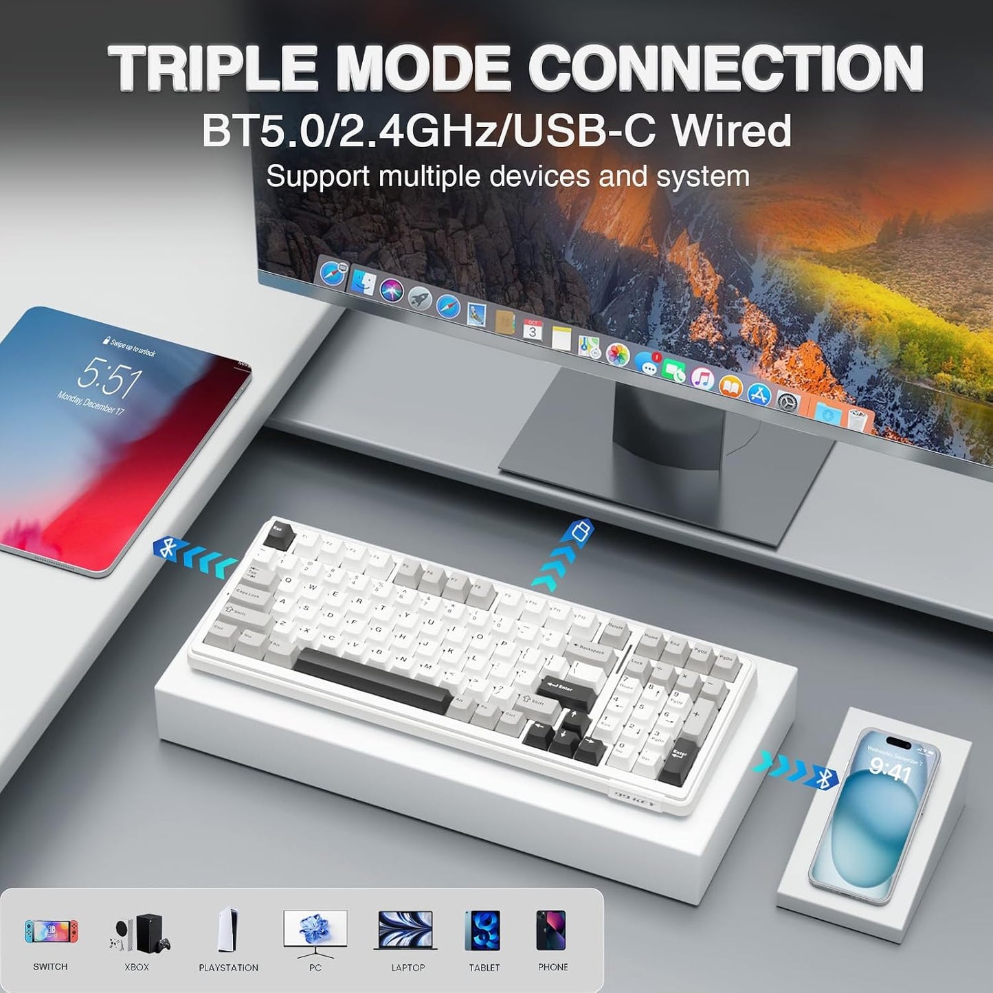 AULA F99 Wireless Mechanical Keyboard,Tri-Mode BT5.0/2.4GHz/USB-C Hot Swappable Custom Keyboard,Pre-lubed Linear Switches,RGB Backlit Computer Gaming Keyboards for PC/Tablet/PS/Xbox