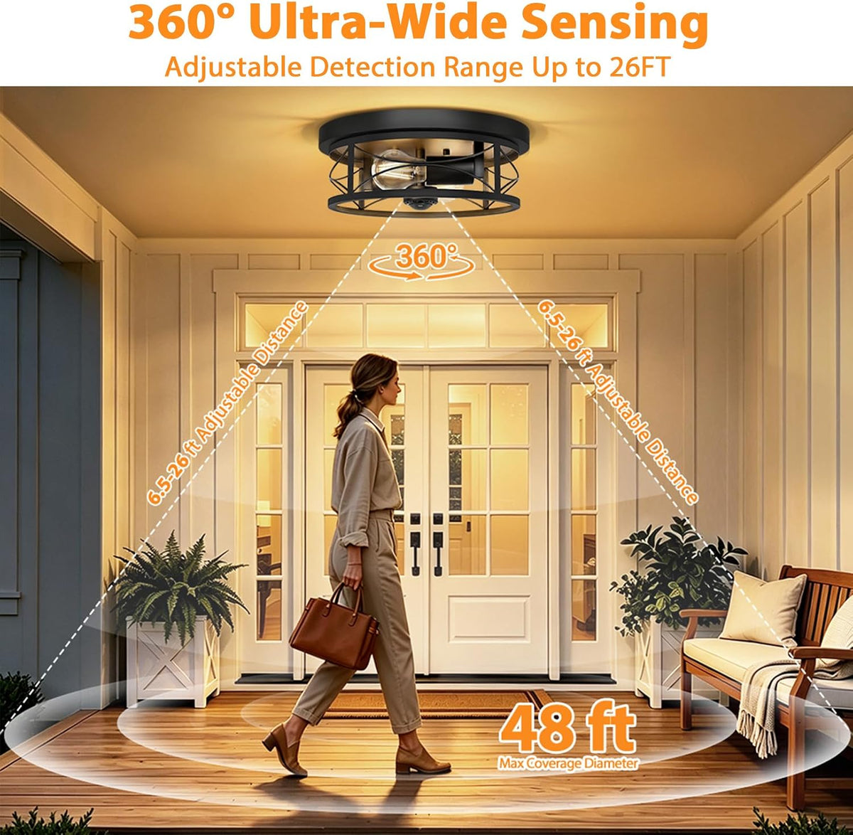 Motion Sensor Outdoor Ceiling Light, Dusk to Dawn Flush Mount Light Fixture