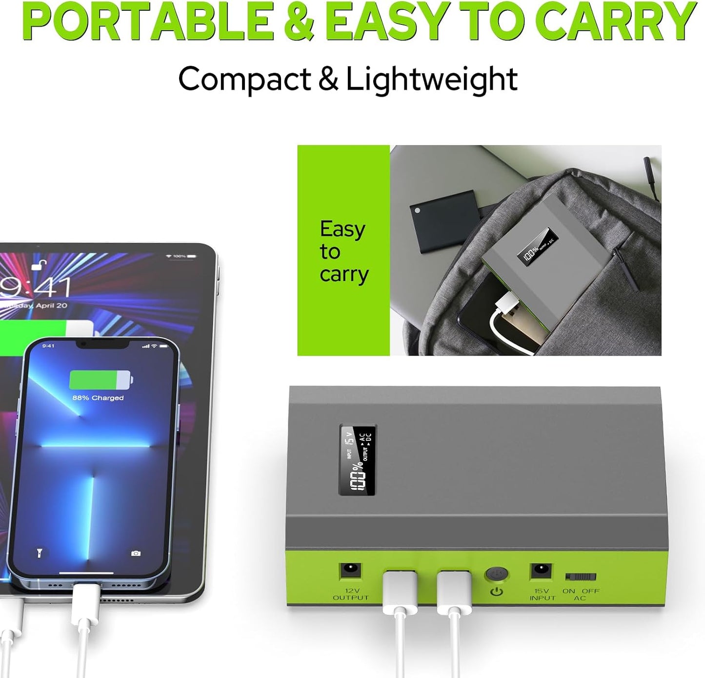 Portable Power Bank with AC Outlet, 65W External Battery Pack Backup | Portable Laptop Charger 24000mAh Fast Charging Power Source for Outdoor Tent Camping Home Office Smart Devices -Green