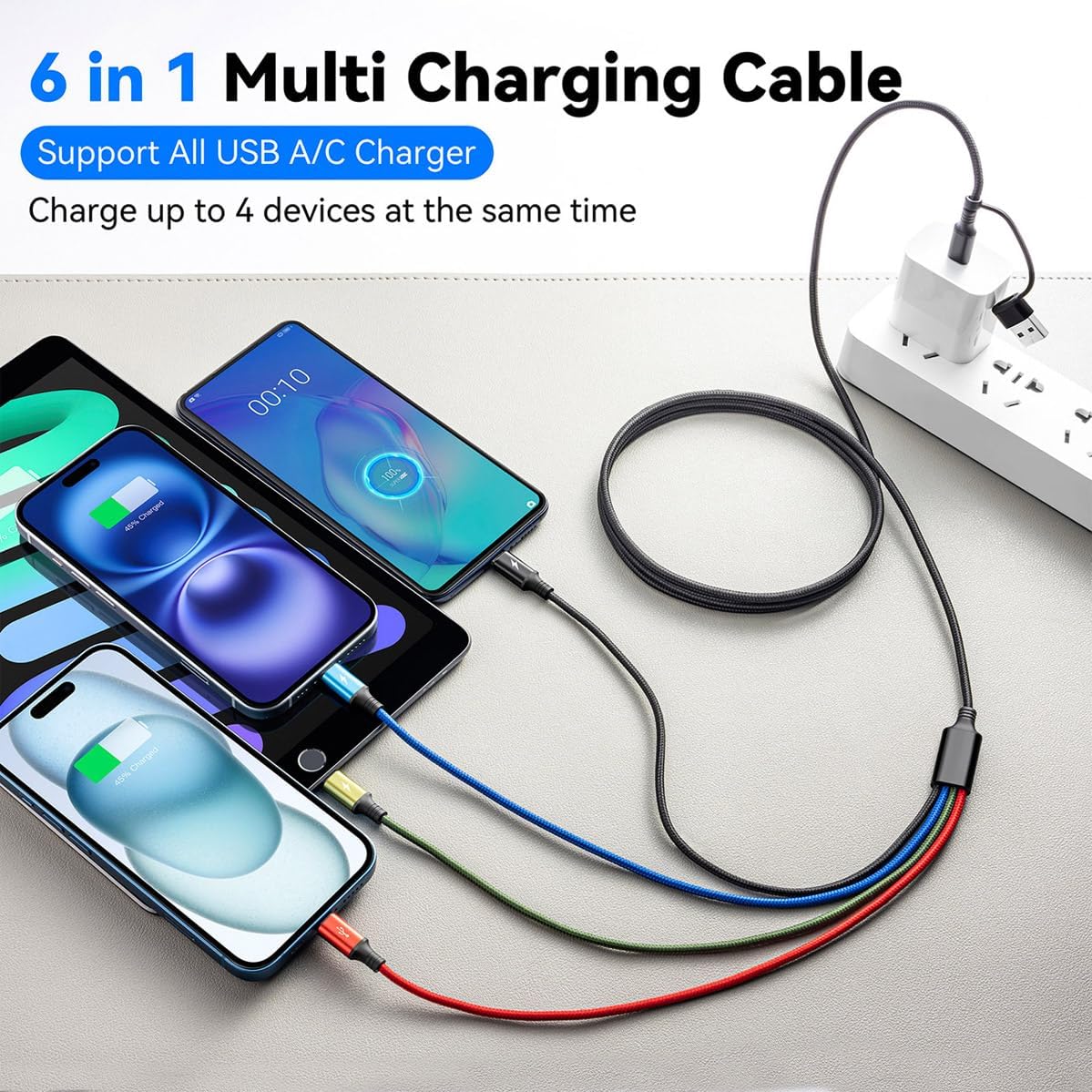 6 in 1 Multiple Charging Cable,USB A/C Universal Charger Cable 2 Pack 6Ft | Multi Chargers Cord for All Devices, Lightning/Type C/Micro USB Ports for iPhone 17 16 15 14 13/Galaxy/Tablets/PS,Car,Office