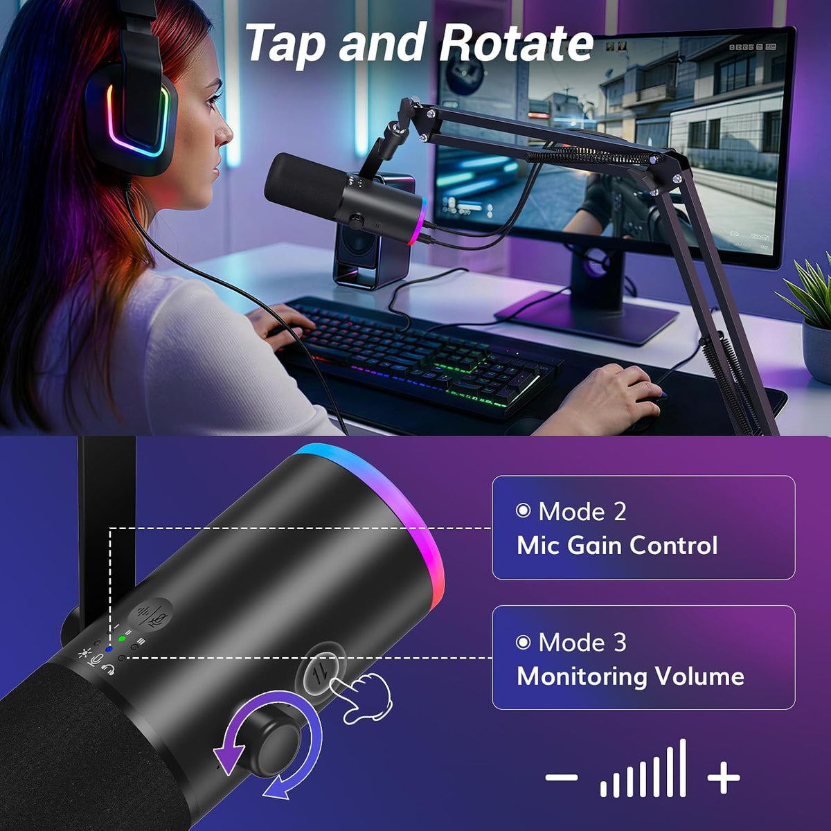 TONOR Dynamic Gaming Microphone XLR/USB Mic with AI Noise Cancellation | Boom Arm Set, RGB, Tap Mute, 3.5mm Jack, Gain Control, Microfono for Content Creators, Black, TD510 AIR S H+