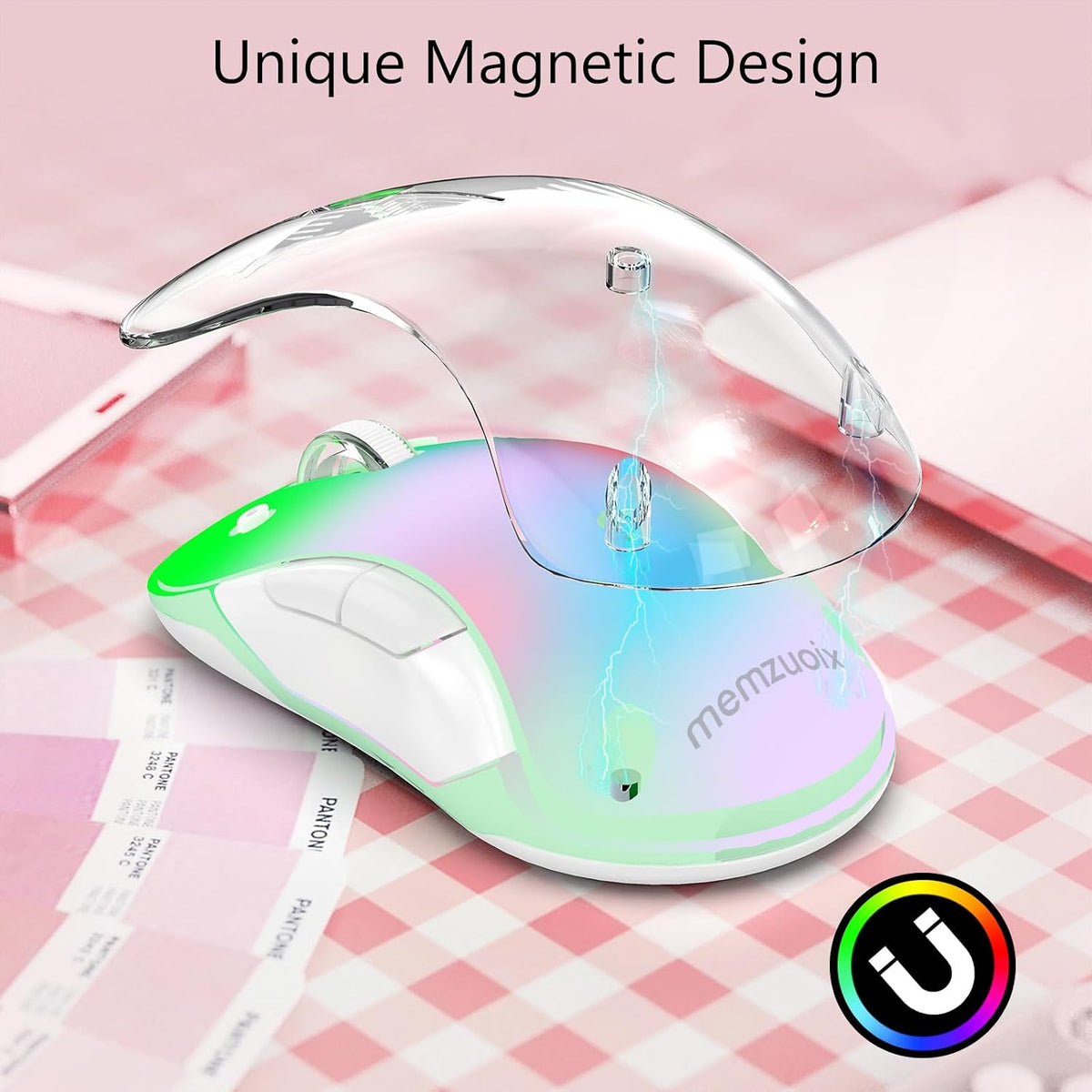 memzuoix 2.4G Wireless Mouse with Customizable Cover & 9-Color LED - Rechargeable Ergonomic, 1400 DPI, 5 Buttons, USB Receiver for PC/Mac - Pink