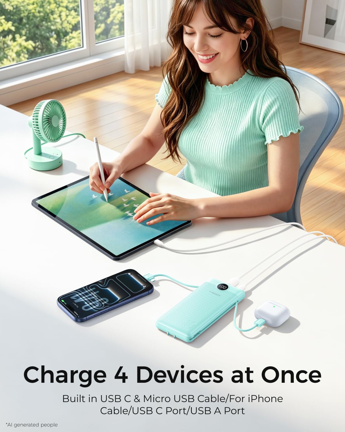 VEGER Power Bank, Travel Portable Charger Built in Wall Plug and Cable | 10000mAh,Ultra Slim&Compact,5 Outputs,LED Display,Flight-Safe,Travel Essentials Battery Pack for iPhone 17,iPad, Samsung,etc