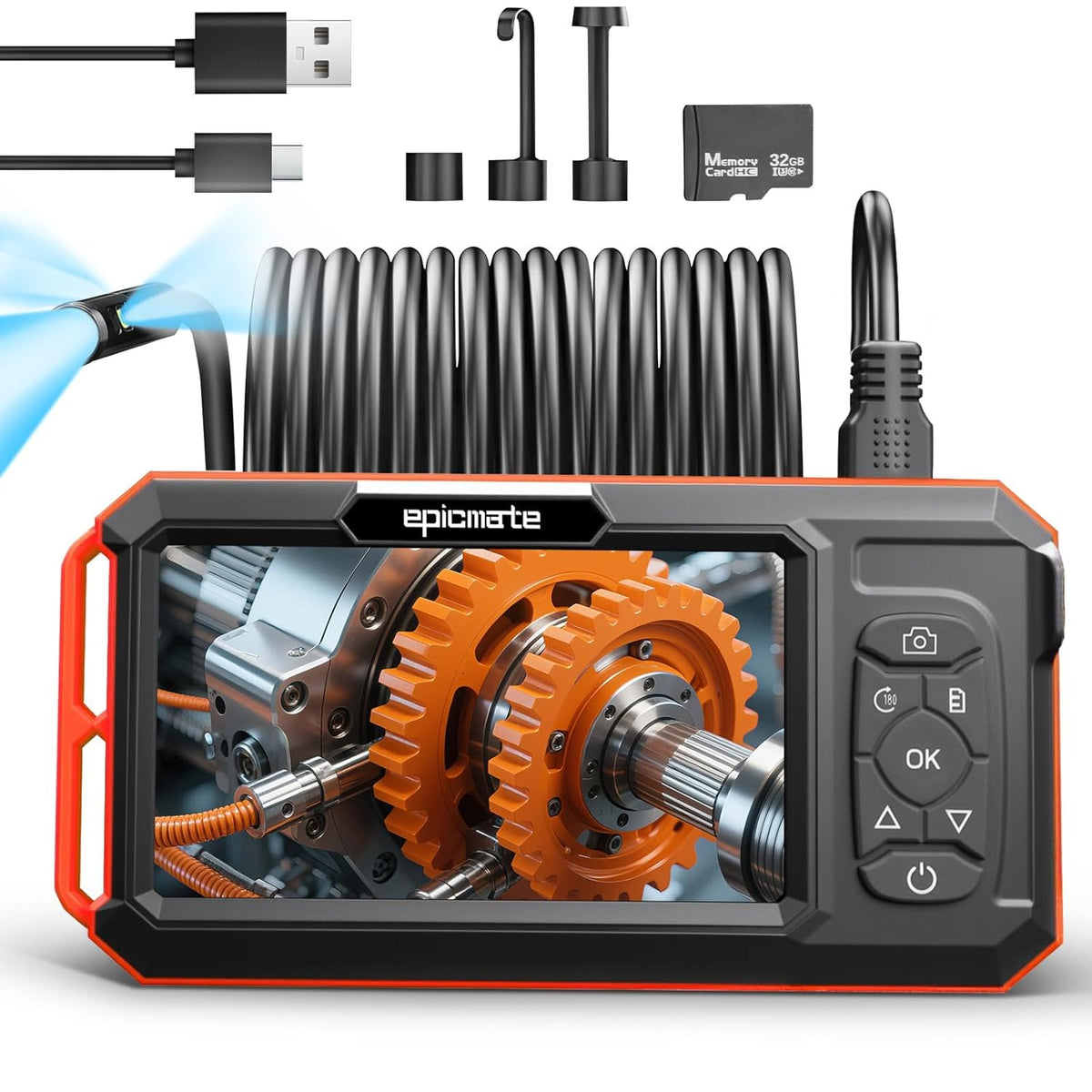 Triple Lens Borescope with 5" IPS Screen, 1920P HD Inspection Camera | Endoscope with 50FT Semi-Rigid Snake Cable & 32GB Card, IP67 Waterproof Plumbing Camera for Sewer/Automotive/Drain Pipe