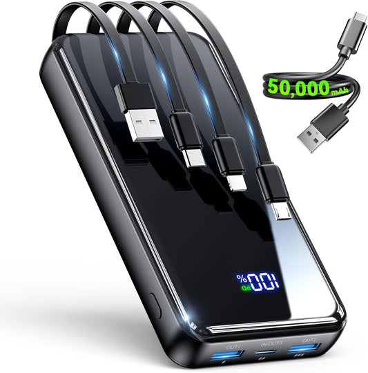 YILANS Portable Charger 50000mAh, 22.5W Power Bank with Built-in 4 Cables | Charges 6 Devices, Fast Charging Travel Essential, External Battery Phone Pack for iPhone 17-12, for Samsung/Android/iPad