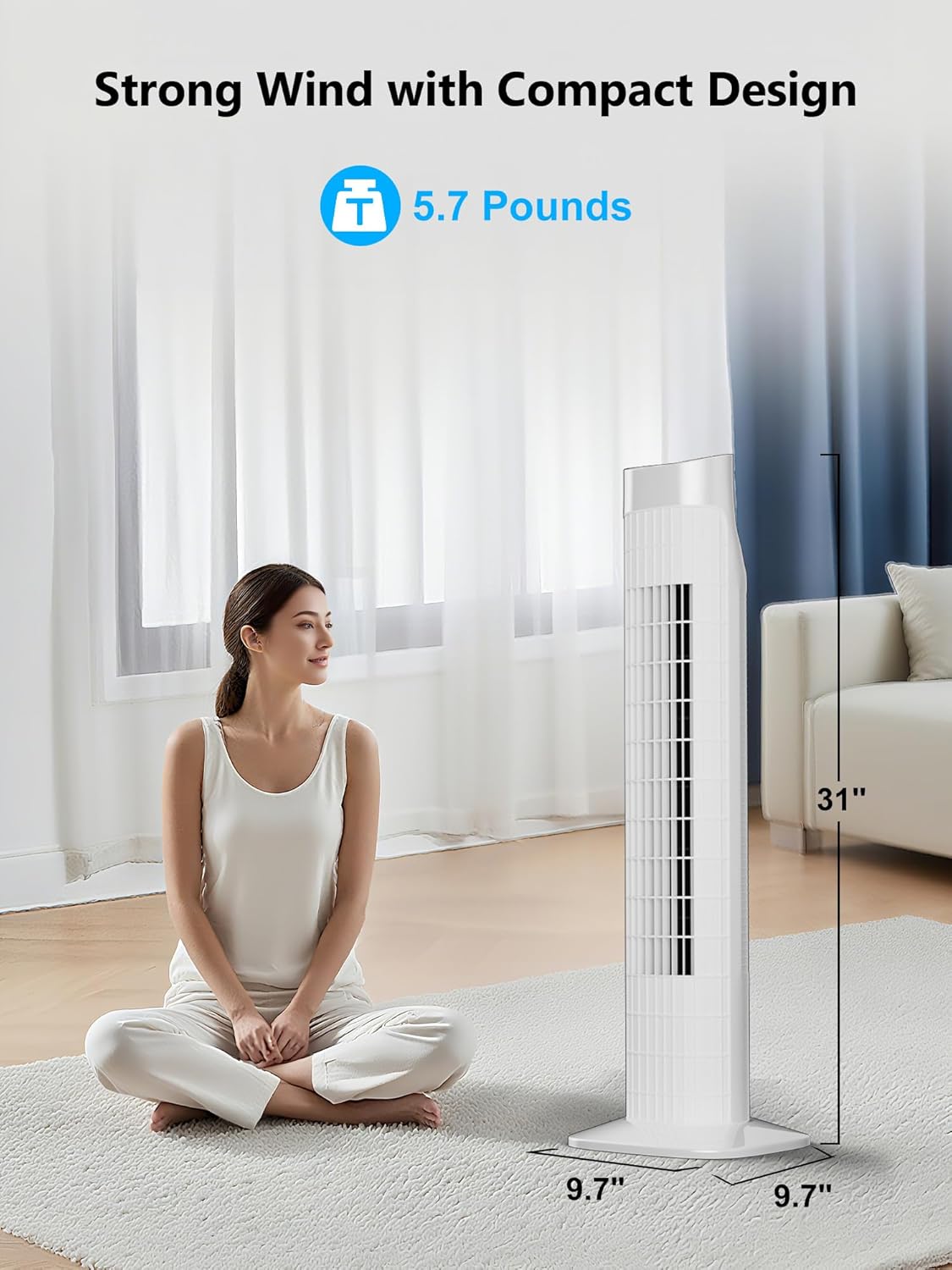 Uthfy Tower Fan with Remote, Portable 120° Oscillating Standing Fan, 3 Speeds & 3 Modes, 7.5H Timer, Fans That Blow Cold Air for Bedroom, Living Room, Office, White