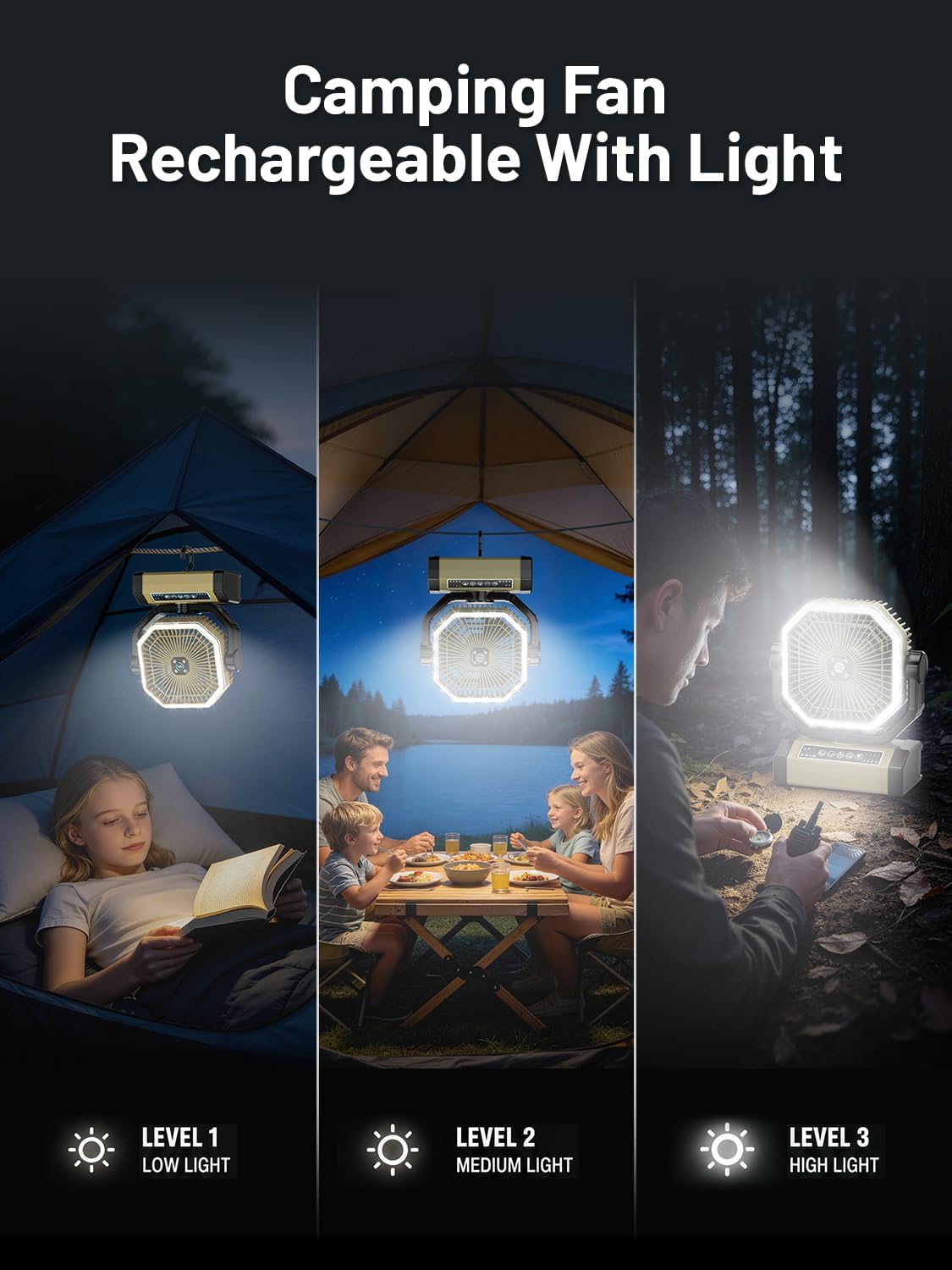 Orteen Camping Fan Rechargeable - 9-Inch Battery Powered Fan, 24000mAh(60Hrs) Battery Operated for Camping, Auto Oscillation Cordless, Tent Fan with Remote/Light, 4 Speeds, 4 Timing, Outdoor