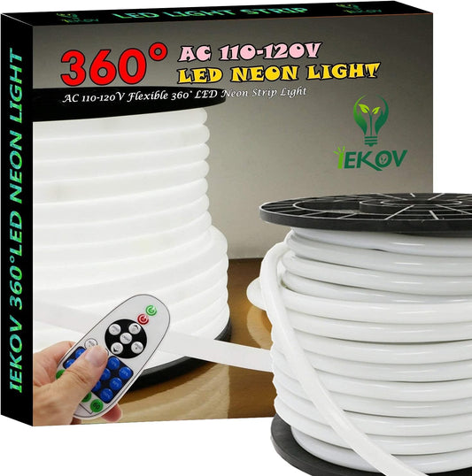 [Upgrade] 360° LED NEON Light, AC 110-120V Flexible 360 Degree LED Neon Strip Lights, Dimmable & Waterproof NEON LED Rope Light + Remote Controller for Decoration (98.4ft/30m, White)