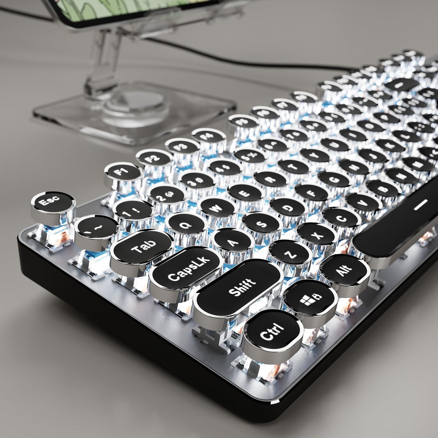 SEUNKWANG Typewriter Style Mechanical Gaming Keyboard with White Backlit, Wired Retro Punk Computer Keyboard Durable Metal Panel, Clicky Blue Switch, Round Keycaps, Full-size for PC/Desktop/Win, Black