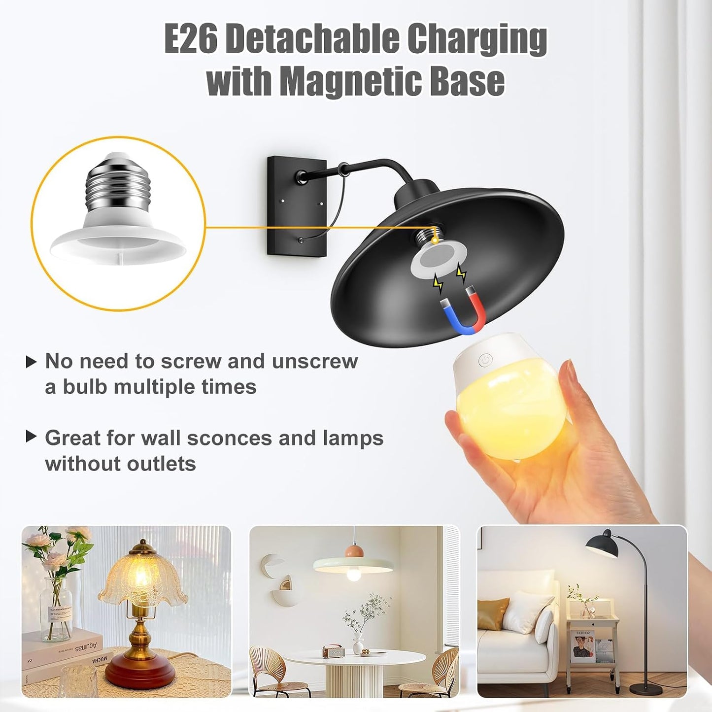 Brightown E26 Rechargeable Light Bulb with Remote and Timer | Magnetic Base, Battery Backup Bulb for Sconce, Lamps and Non-Hardwired Fixtures, 3 Color Temperatures + 9 RGB Colors, 2 Pack