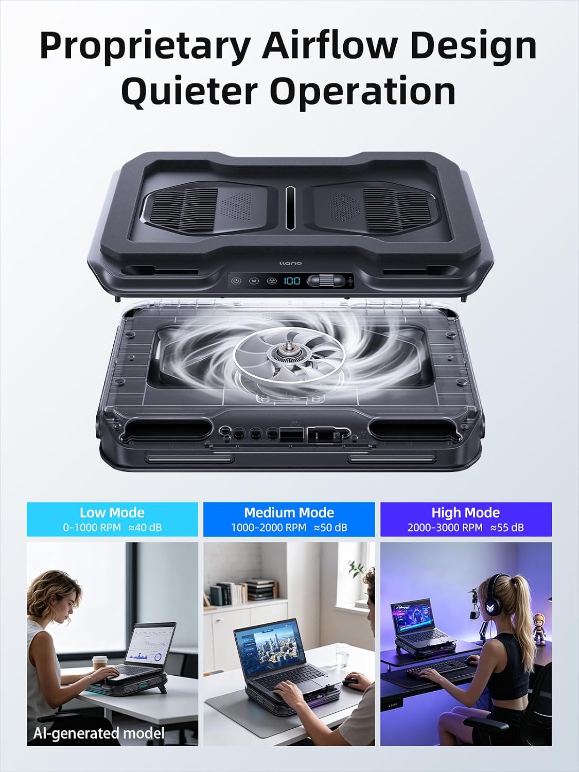 llano V11 Pro Laptop Cooling Pad, Gaming Laptop Cooler RGB Laptop Fan | Laptop Cooling Stand with 4.7 Inch Turbofan, for 14-17.3in Laptop, Adjustable Speed, Dustproof, 3-Port USB Hub, Black