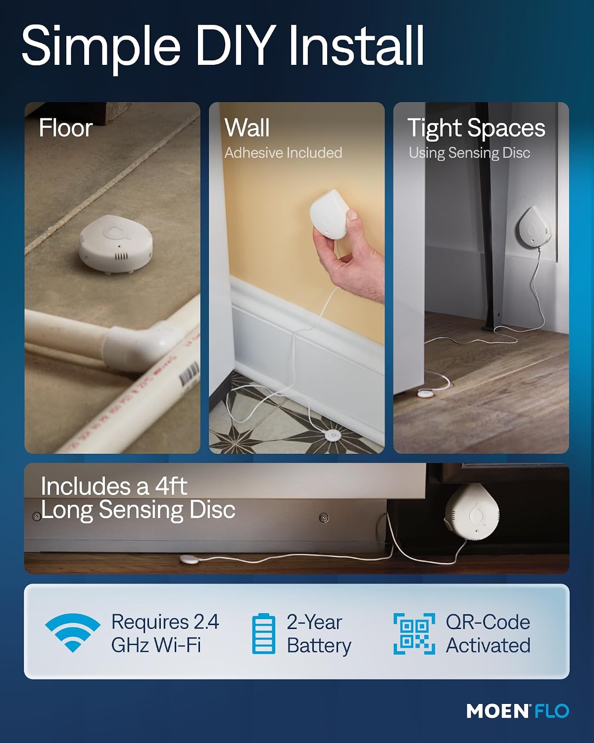 Moen White Flo Smart Water Leak Detector, Water Sensor Alarm for Home, 3-Pack, 920-005