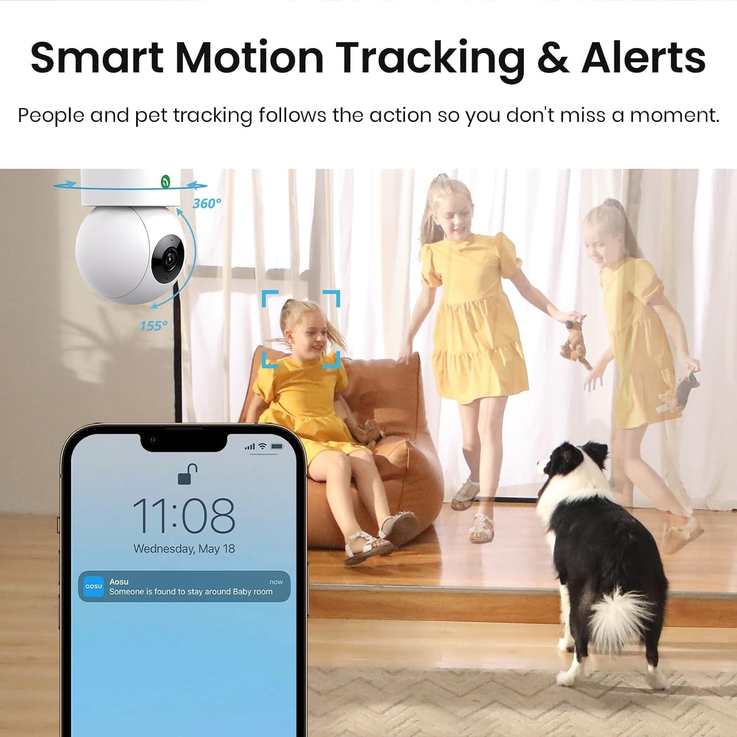 aosu 2K Indoor Camera,Baby Monitor for Home Security with 2.4GHz WiFi only | 360° Home View,One-Touch Calls,Smart Motion Tracking,IR Night Vision & 24/7 Recording,Compatible with Alexa/Google