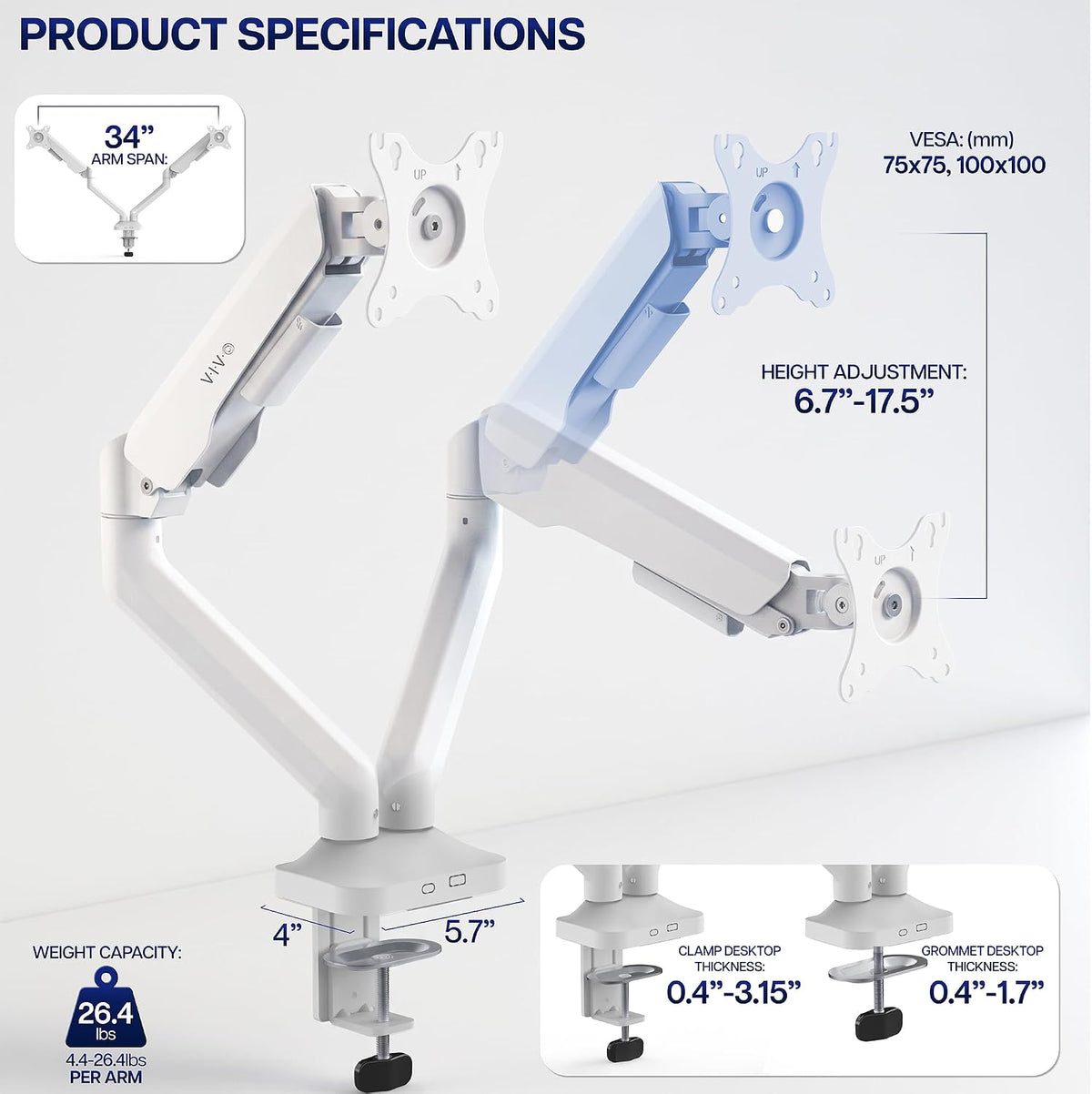 VIVO Dual Pneumatic Arm Ultra-Wide Monitor Mount for up to 35 inch Screens, Holds 26.4 lbs per Arm, Desk Mount Monitor Stand for 2 Ultrawides, White, STAND-V200OW