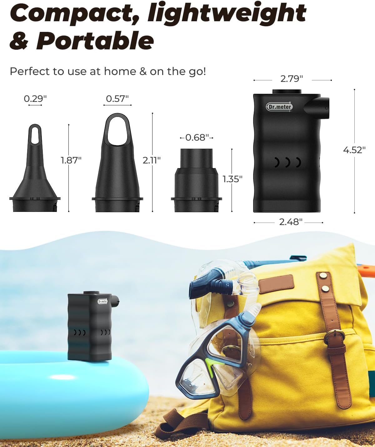 Dr.meter 6000mAh Rechargeable Long-Lasting Air Pump for Inflatables | Portable Quick-Fill Air Mattress Pump Inflator Deflator for Inflatable Pool Boat Float Raft Swimming Rings Camping Vacuum Bag