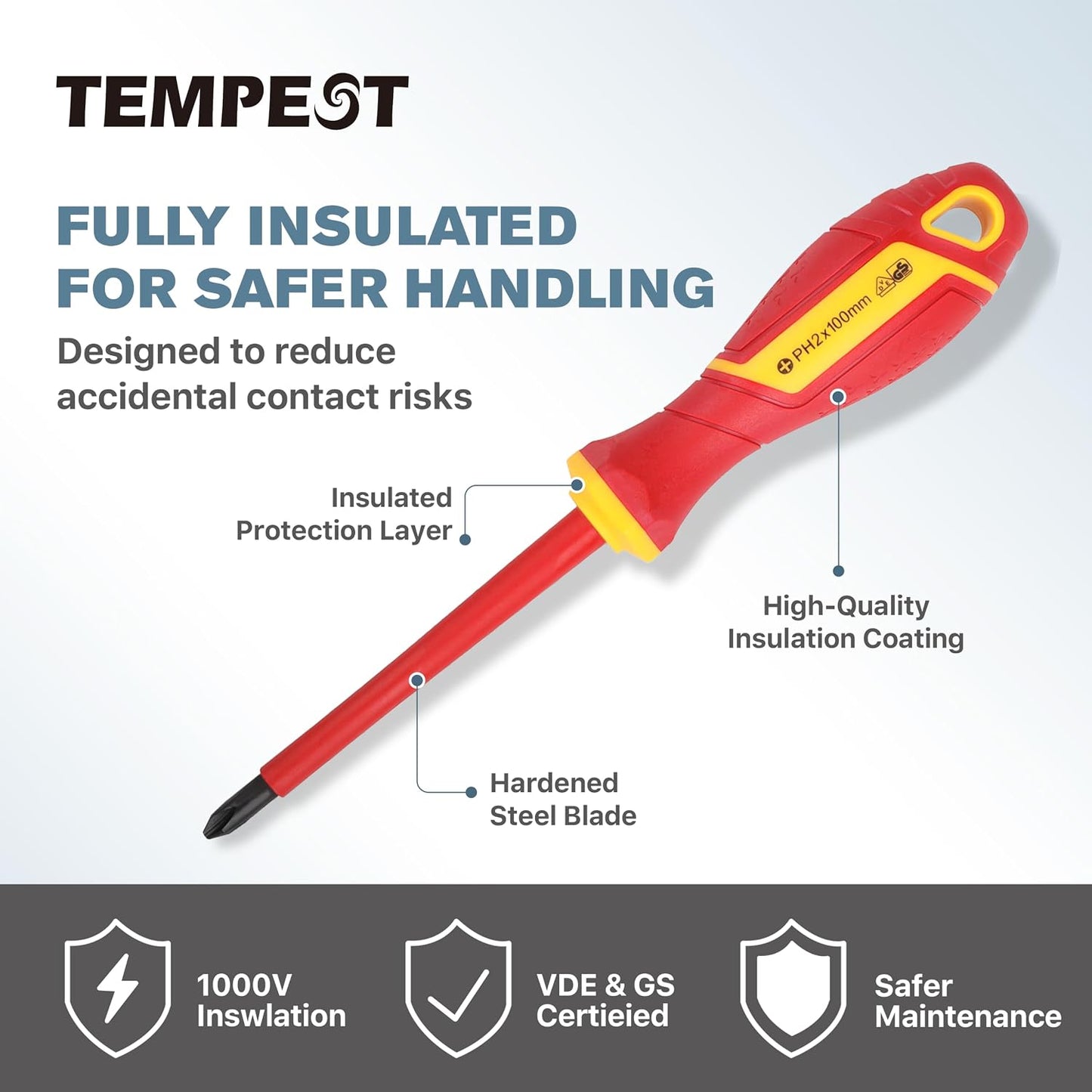 TEMPEST 7 Piece VDE Insulated Screwdriver Set, 1000V Electrical Safety Kit with Voltage Tester, Ergonomic Anti-Slip Handle for Home Wiring, Outlet Repair & Appliance Fixes