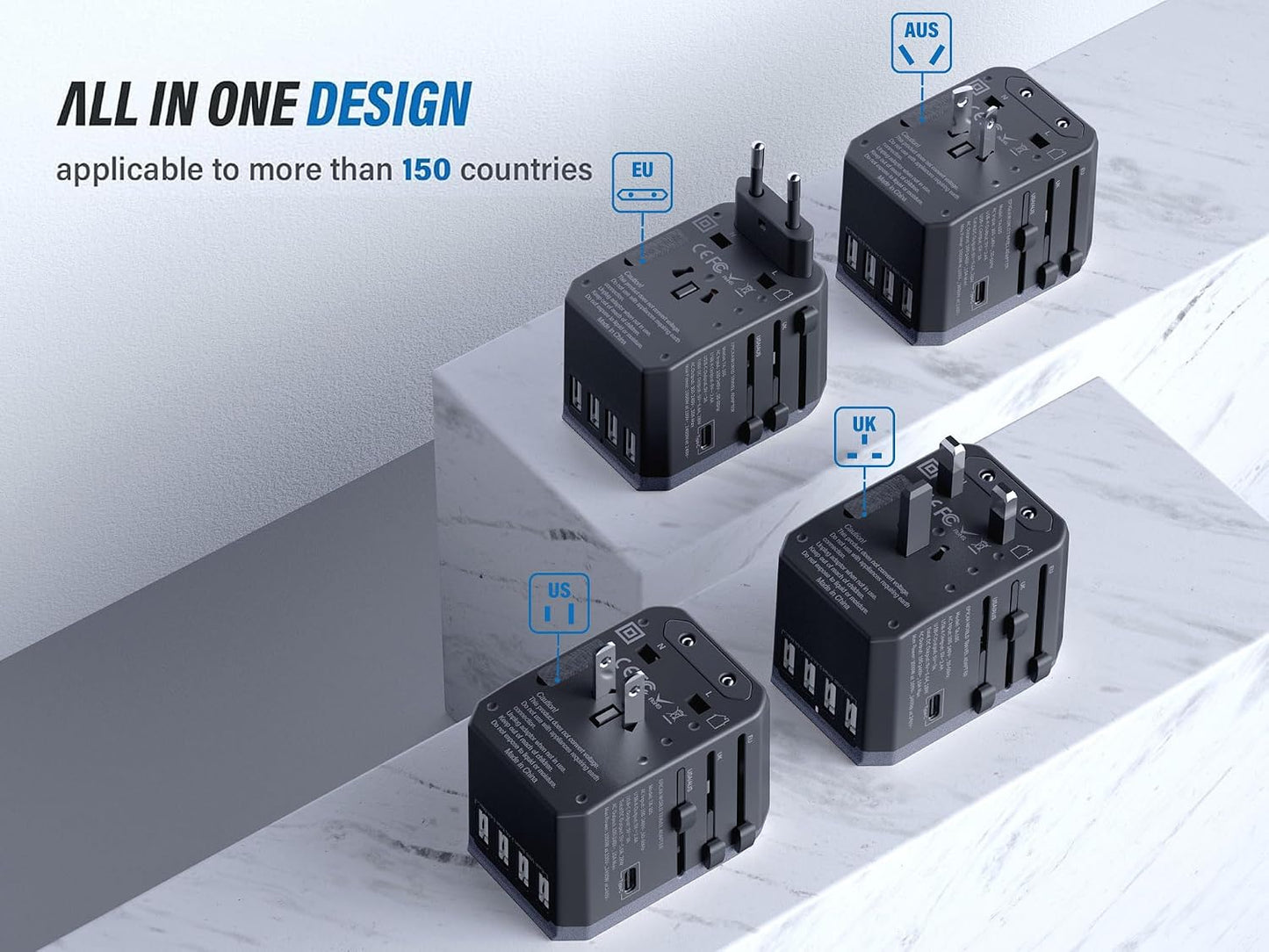 EPICKA Universal Travel Adapter with 1AC/1 USB-C/4 USB-A Ports | Travel Plug Adapter for EU/US/UK/AUS, Supports Charging for Multi-Device, Not A Voltage Converter, TA-105, Grey