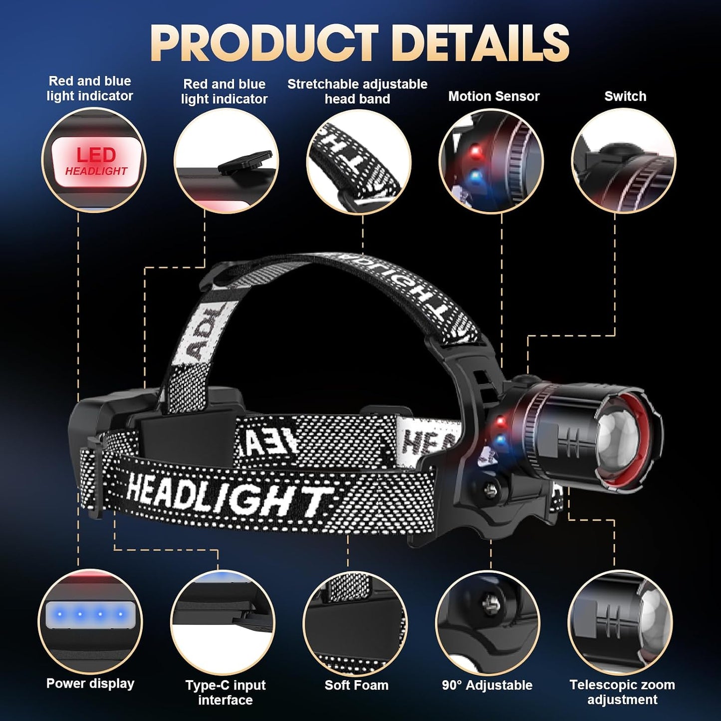 ATDOALL Super Bright LED Headlamp, High Lumen Rechargeable Head Lamp with Motion Sensor, 5 Modes, IPX5 Waterproof, 90° Adjustable, Zoomable Head Lights for Adults, Hard Hat, Outdoor, Camping