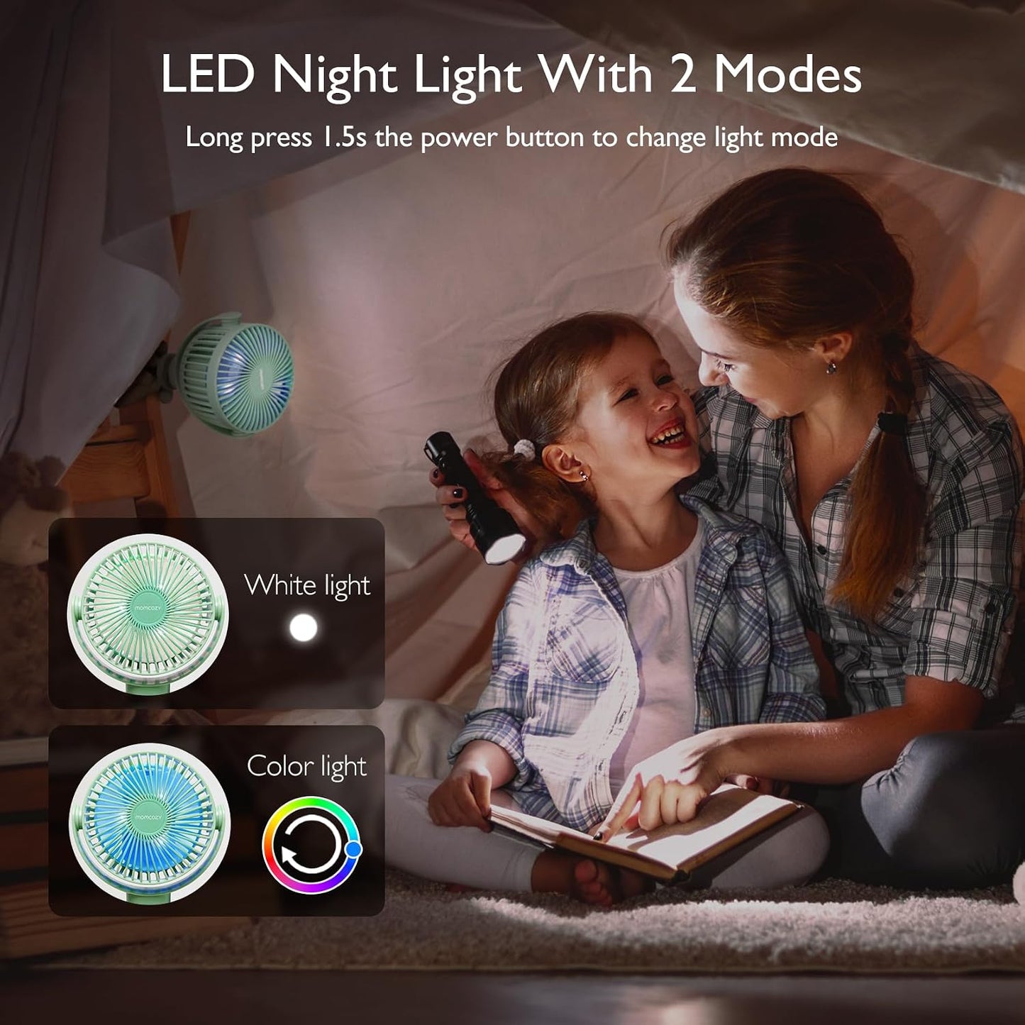Momcozy 8000mAh Portable Stroller Fan, 27H Ultra-long Battery Life | Detachable 4 Speed 360°Rotate LED Night Light with 2 Modes, USB Rechargeable Handheld Cooling Fan for Travel/Car Seat/Bedroom