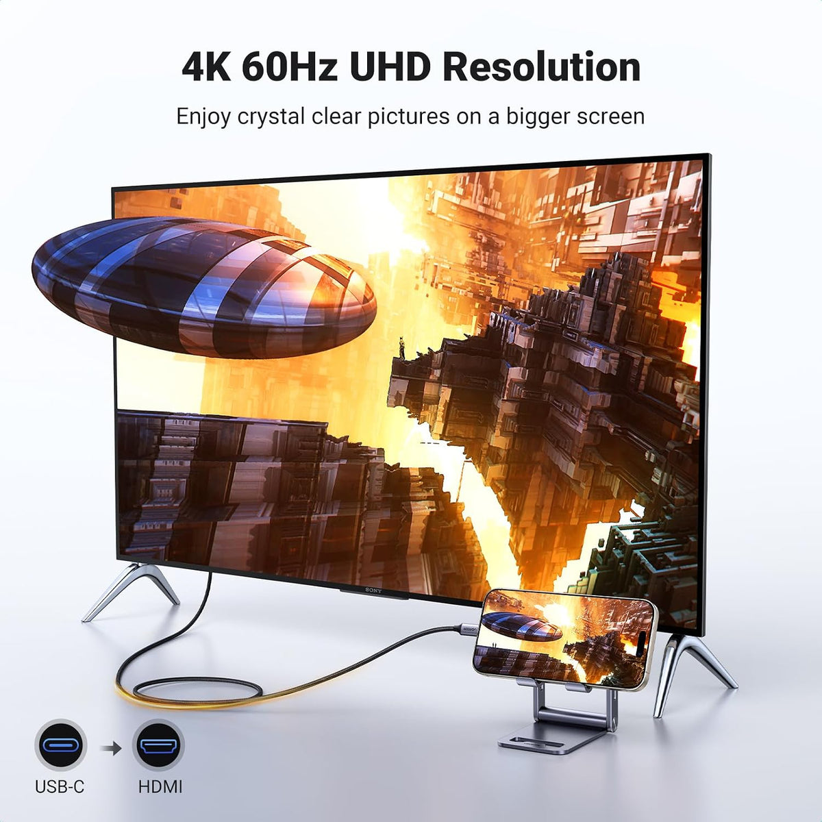 UGREEN USB C to HDMI 2.0 Cable 4K@60Hz for Home Office, 6.6FT | Unidirectional, Thunderbolt 4/3, Compatible with iPhone 17 Pro Max, MacBook Pro Air iPad Pro, XPS, Galaxy S26, Steam Deck