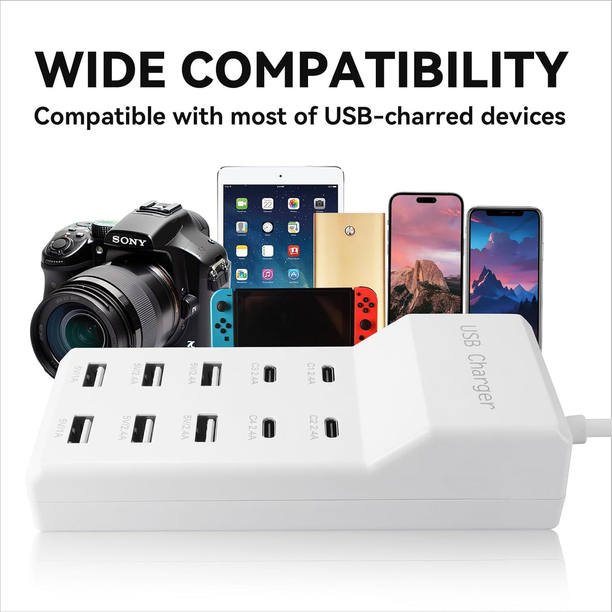 USB Power Strip Charging Station, 10-Port 6A+4C Multi Charger Block | 50W 10A Total Output, Auto-Detect Tech, Compatible with iPhone, Samsung, iPad Multi Device Home Office Travel Use